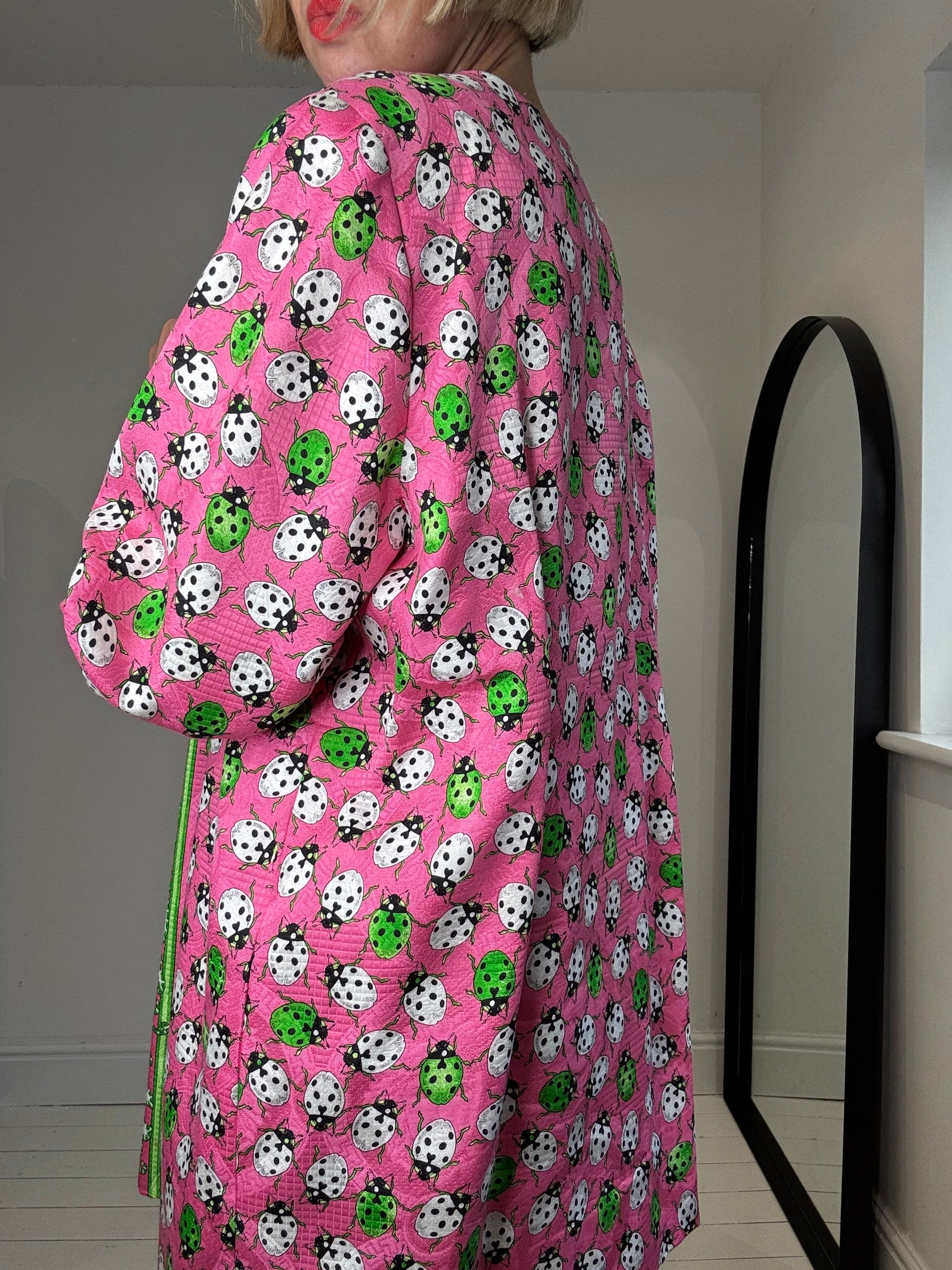 Ladybug Collarless Jacket in Pink and Green