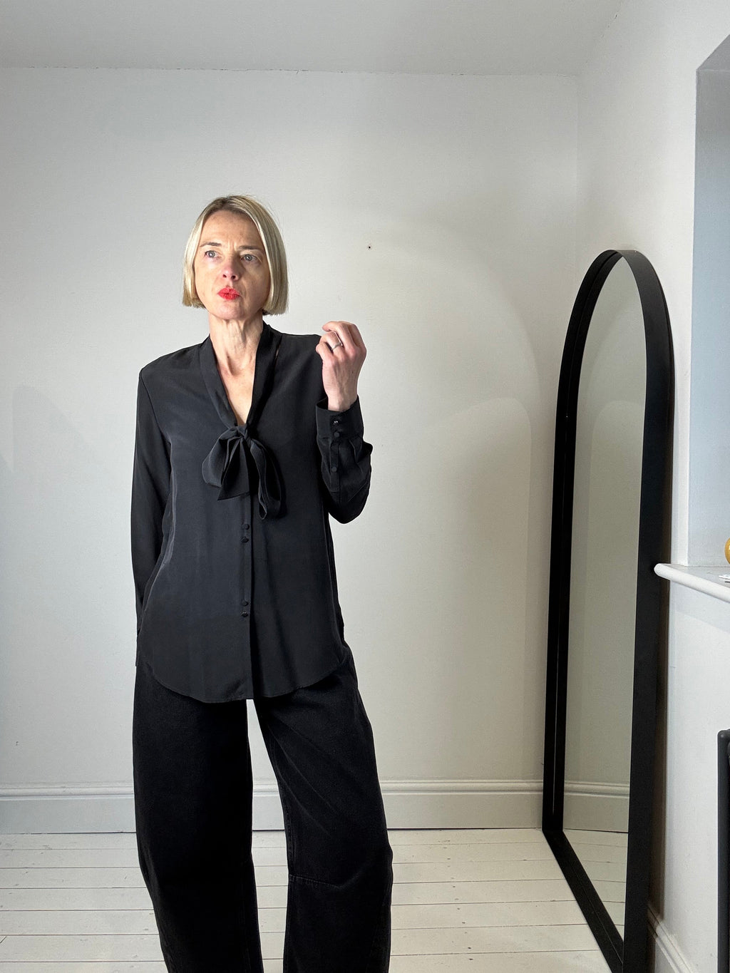 Black Silk Tie Neck Blouse