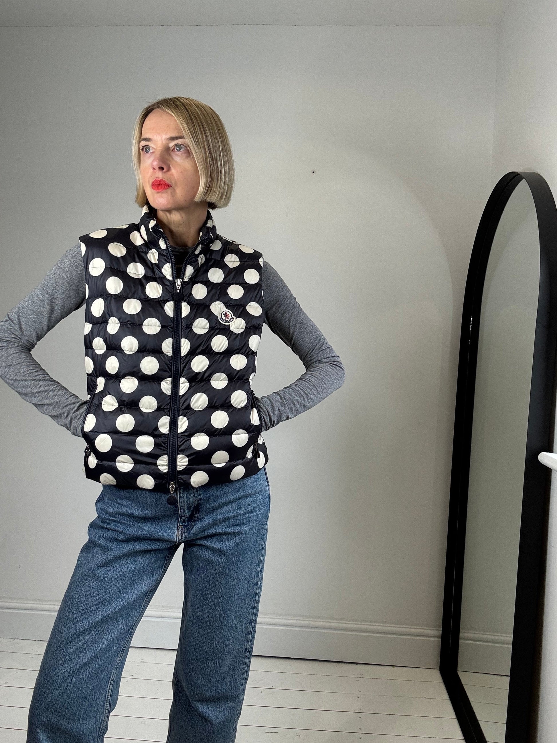 Real Down Padded Zip Front Gilet in Navy and Cream