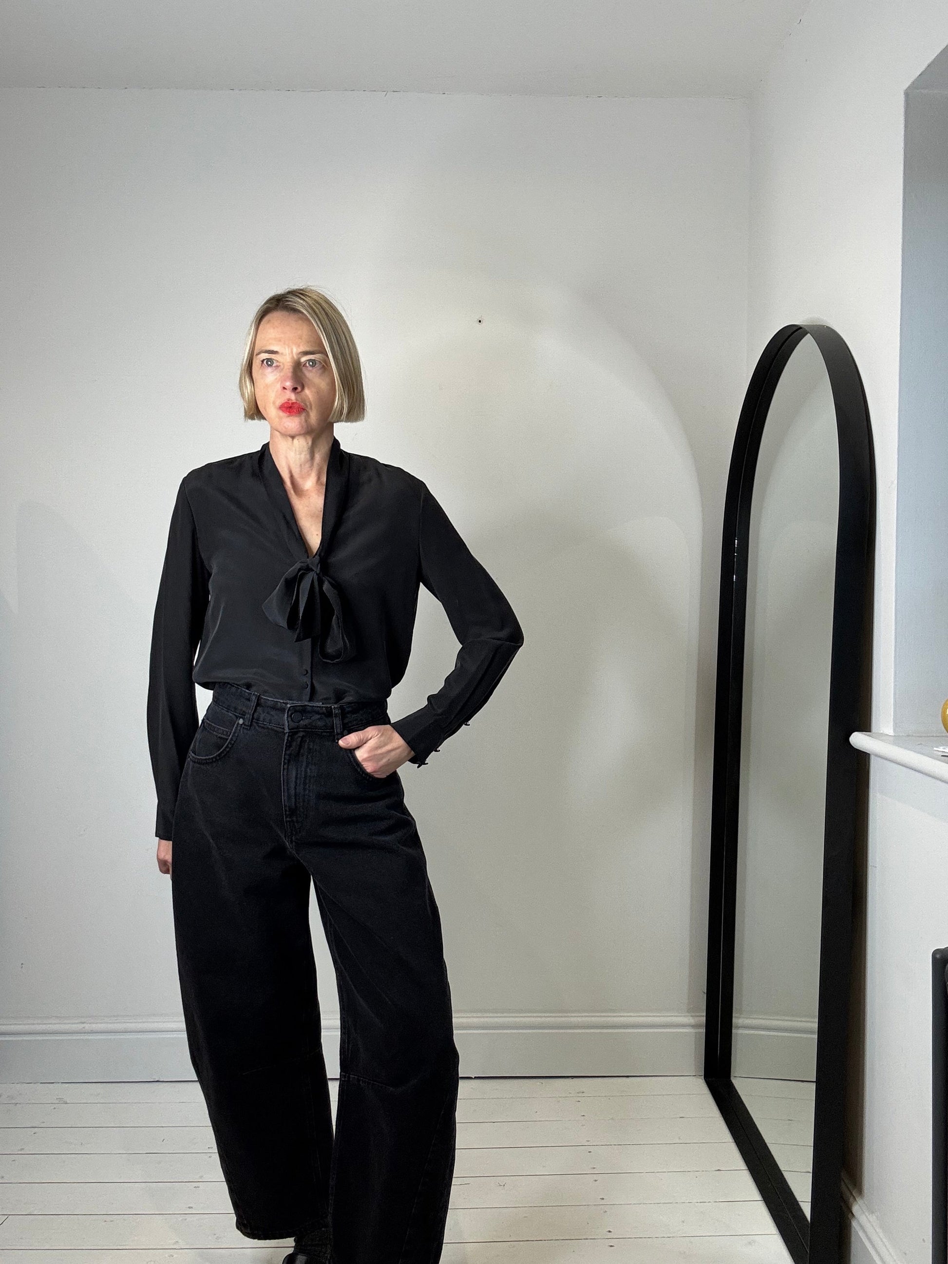 Black Silk Tie Neck Blouse