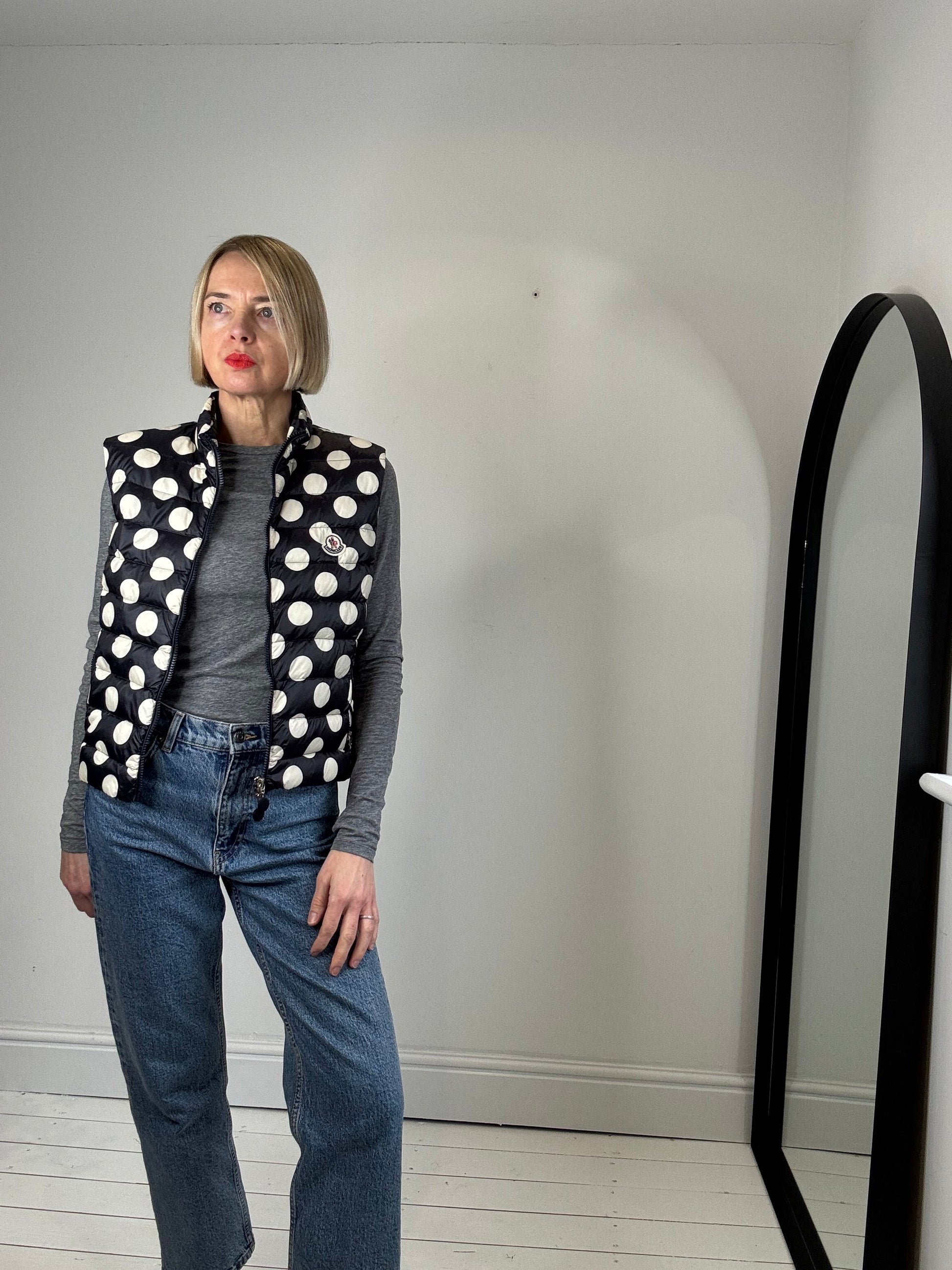 Real Down Padded Zip Front Gilet in Navy and Cream