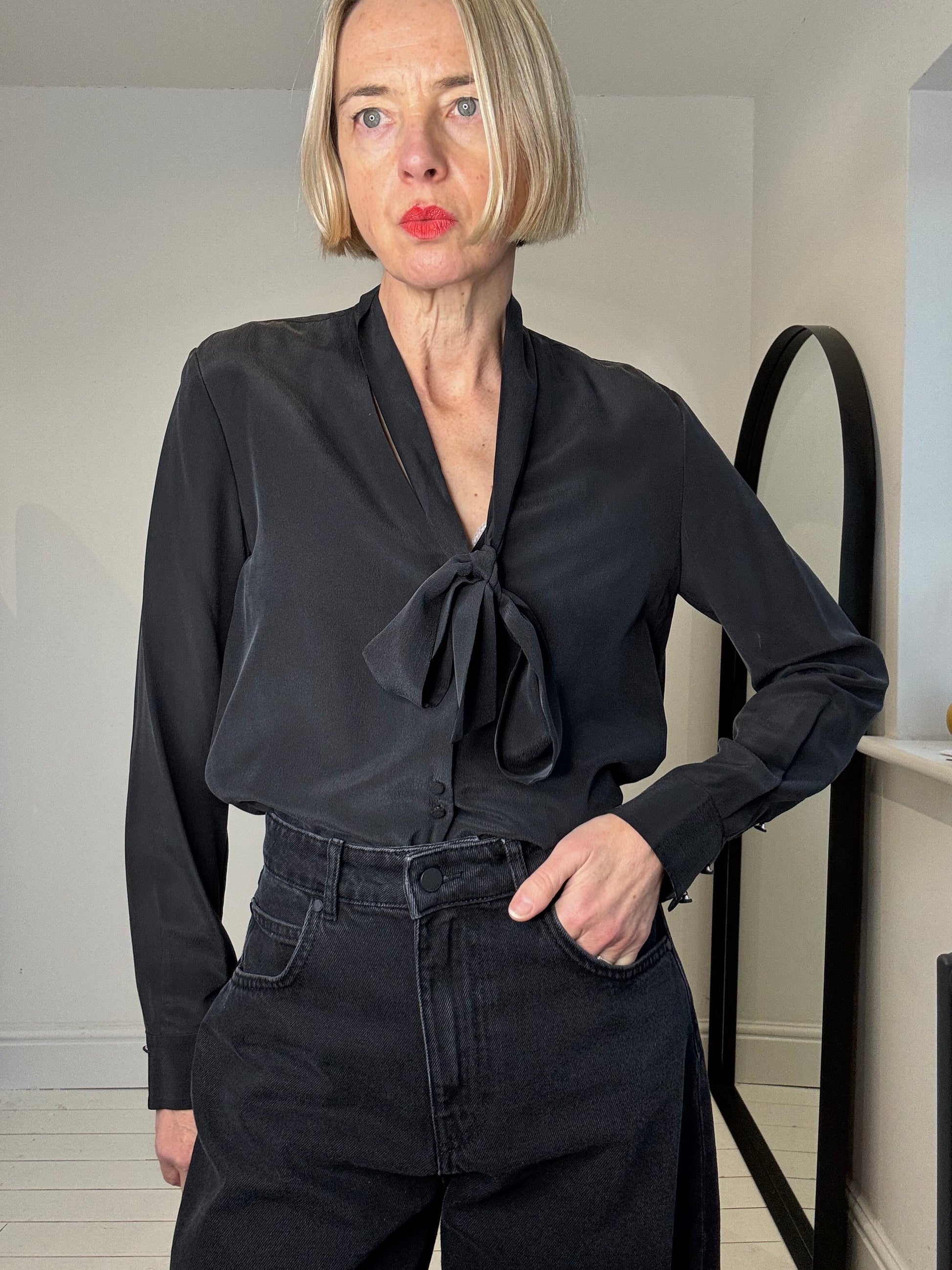 Black Silk Tie Neck Blouse