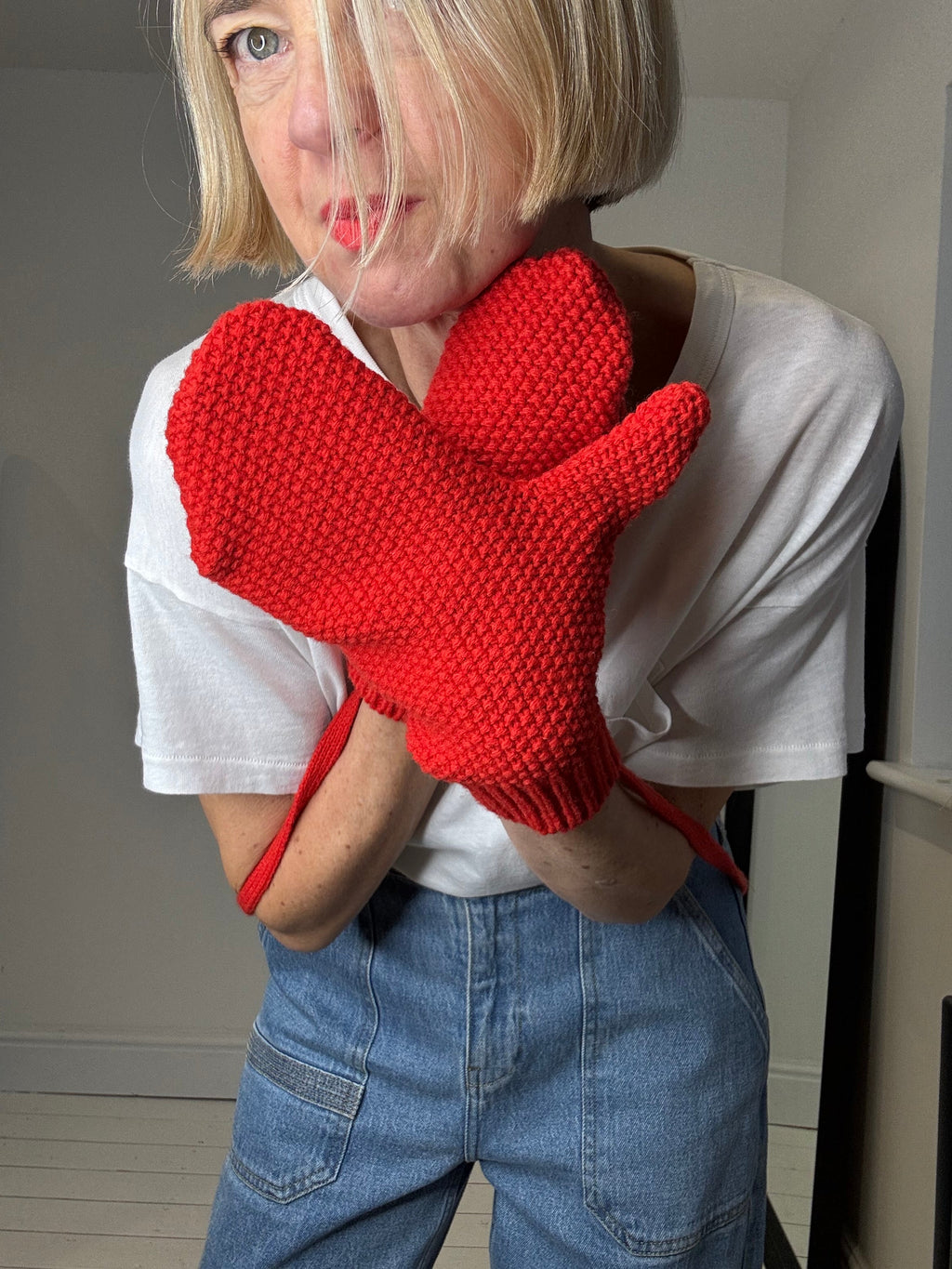Bright Red Merino Wool Mittens on String