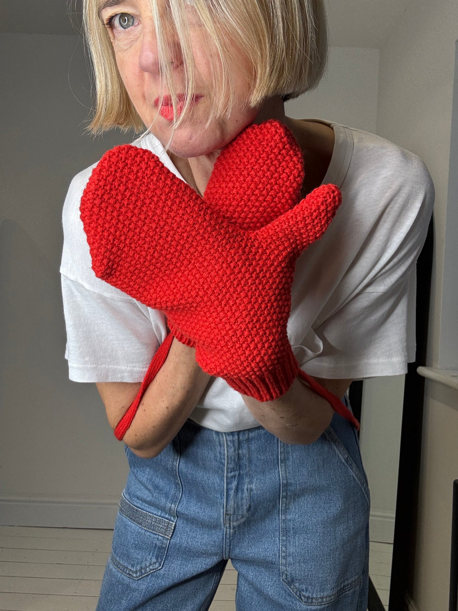 Bright Red Merino Wool Mittens on String