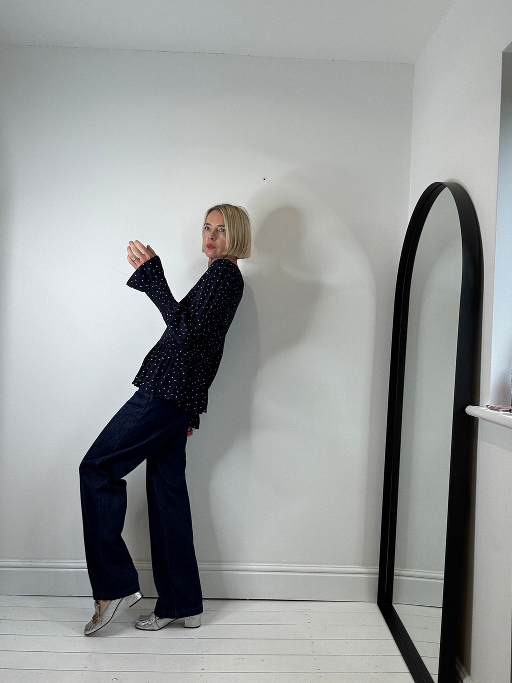 Navy Spot Print Long Sleeve Crepe Top