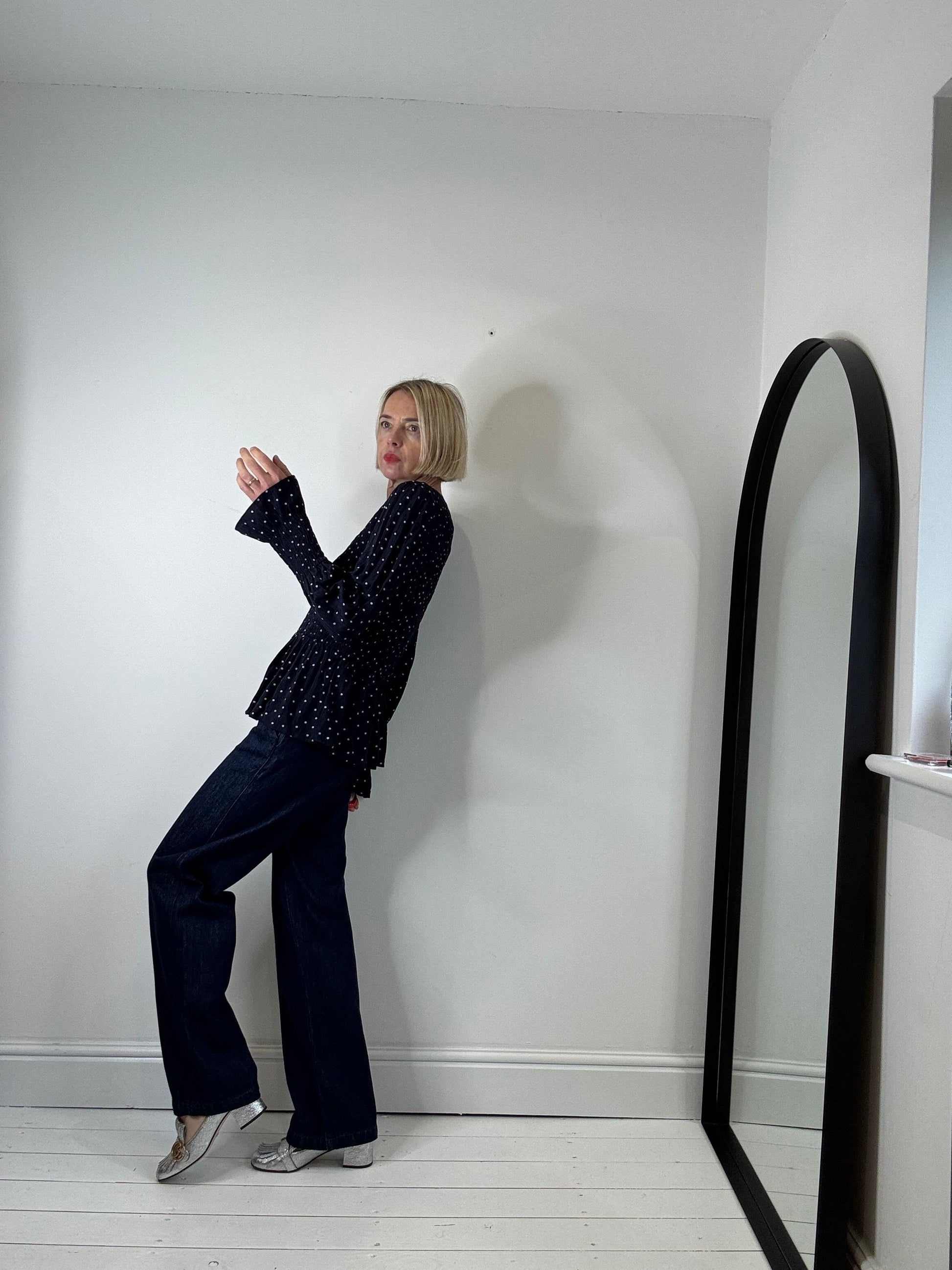 Navy Spot Print Long Sleeve Crepe Top