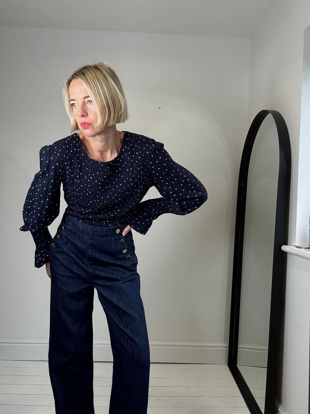 Navy Spot Print Long Sleeve Crepe Top