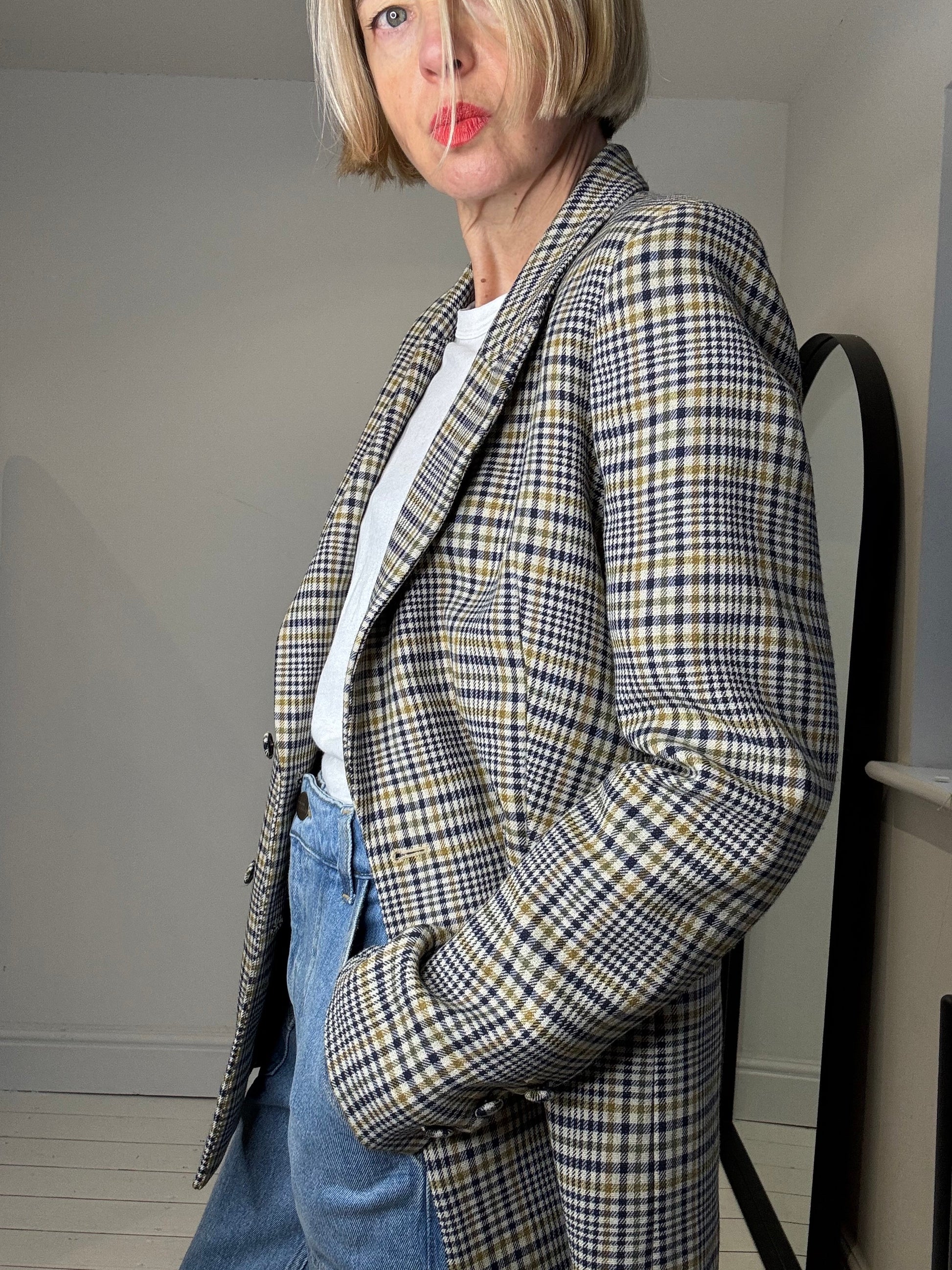 Check Double Breasted Blazer in Navy, Mustard and Olive