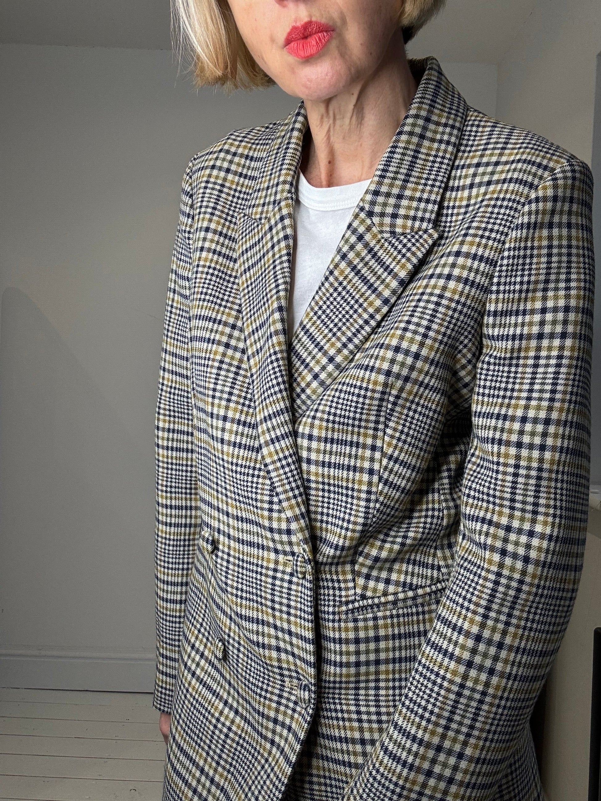 Check Double Breasted Blazer in Navy, Mustard and Olive