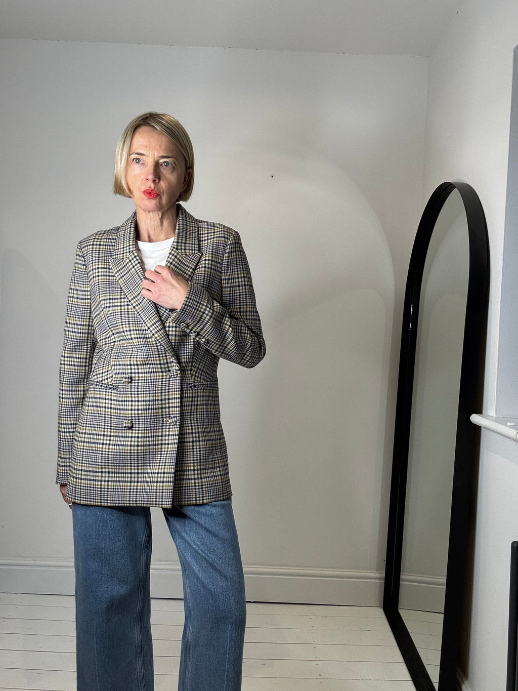 Check Double Breasted Blazer in Navy, Mustard and Olive