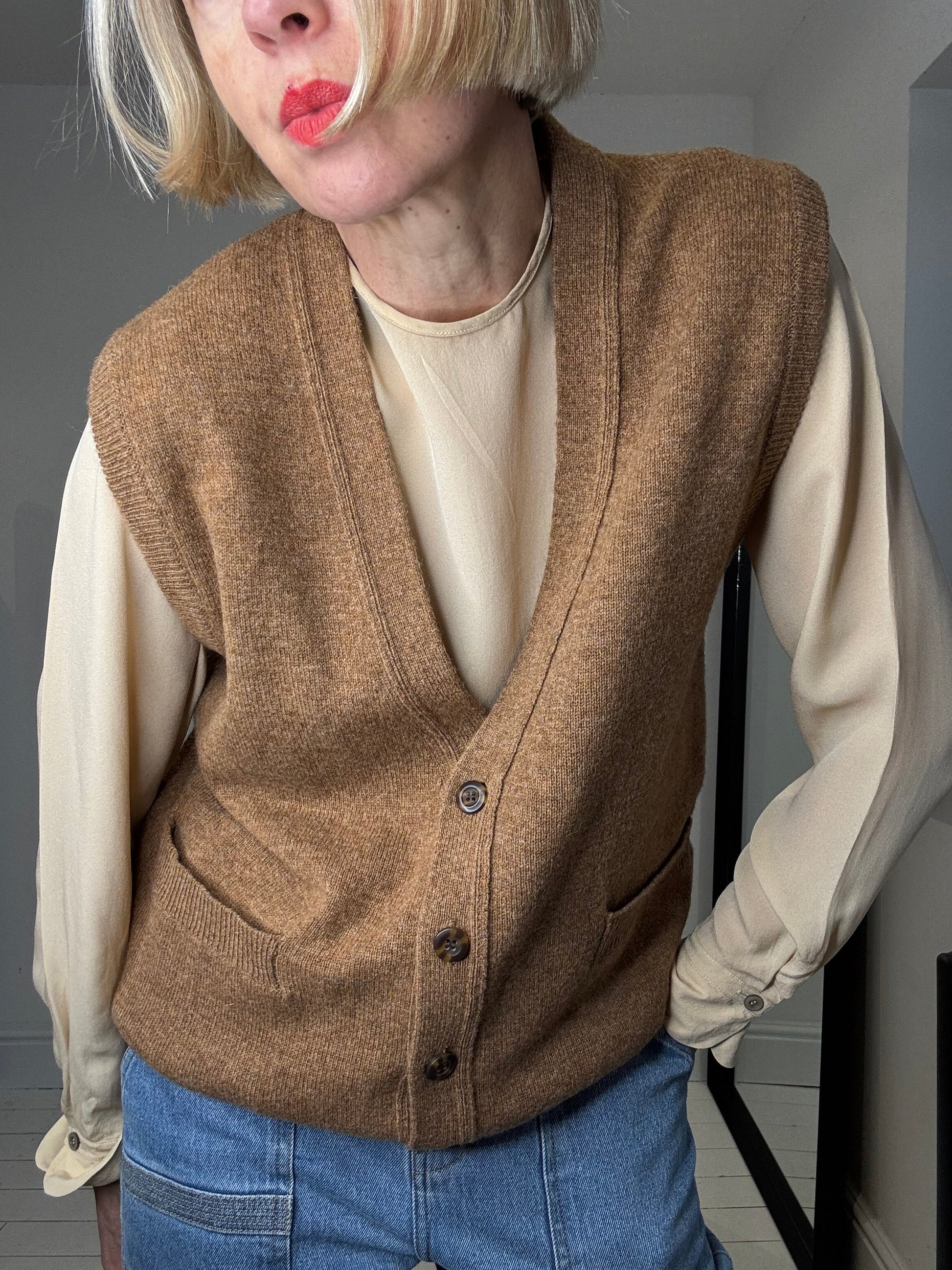 Camel Wool Button Through Tank with Pockets