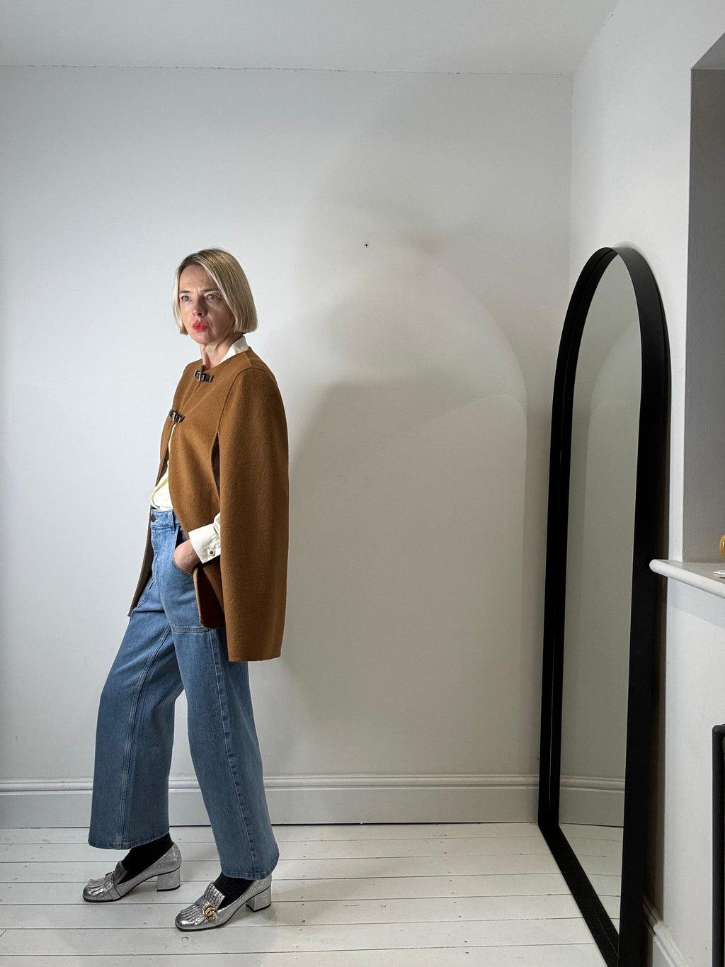 Double Faced Camel and Black Cape with Gold Buckle