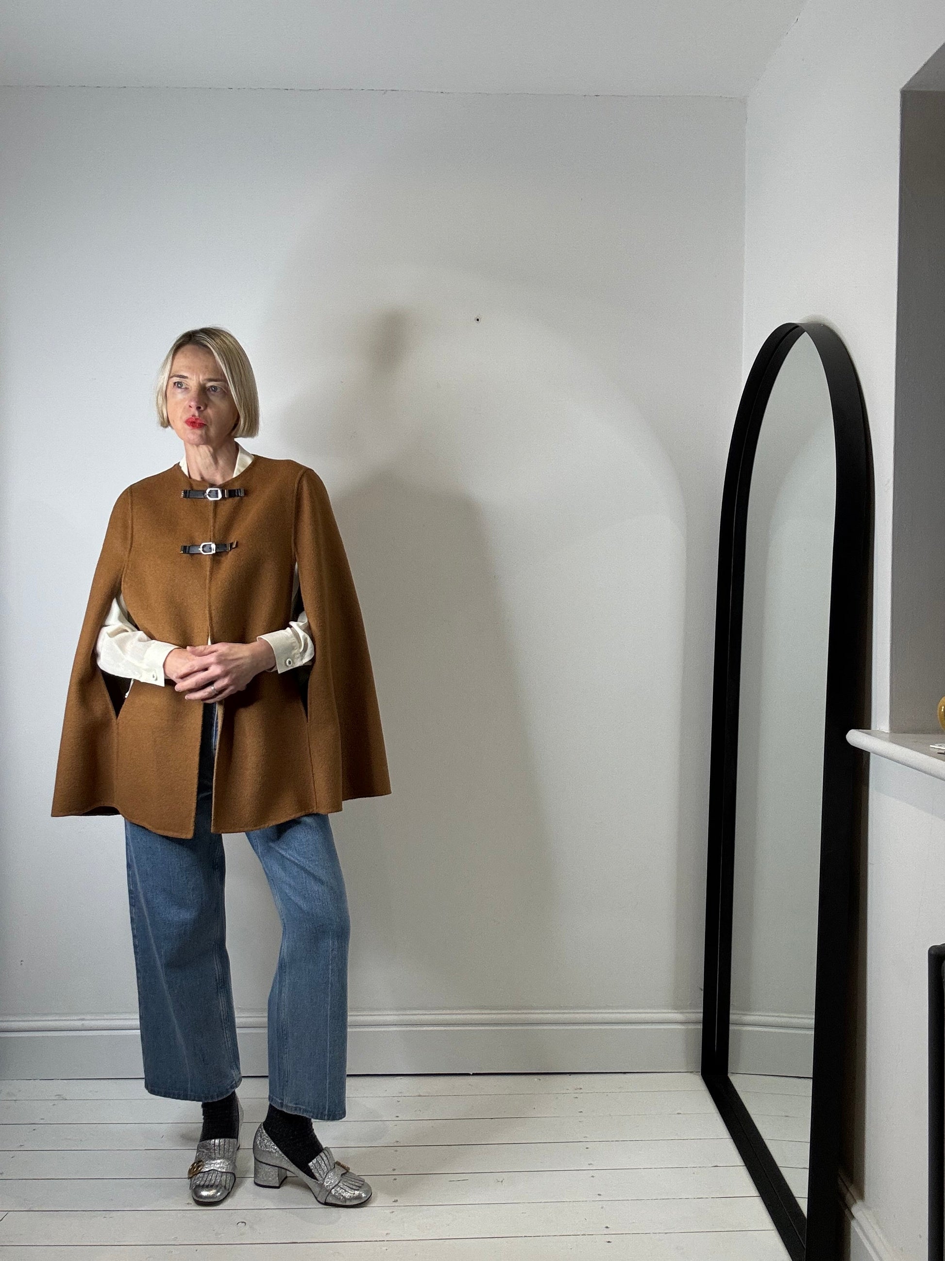 Double Faced Camel and Black Cape with Gold Buckle