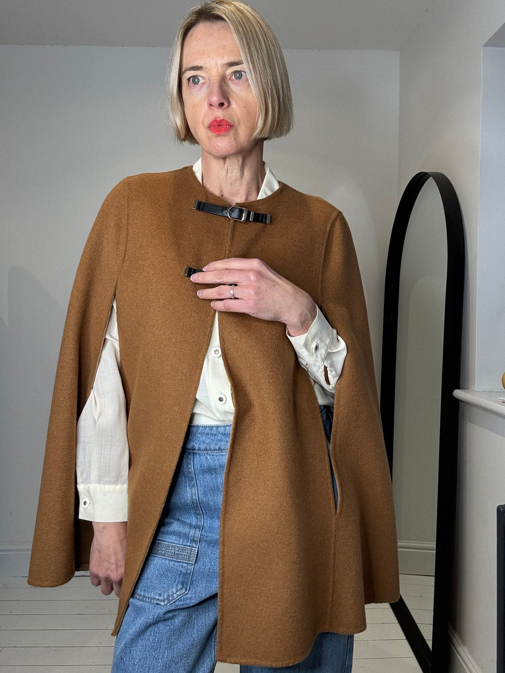 Double Faced Camel and Black Cape with Gold Buckle