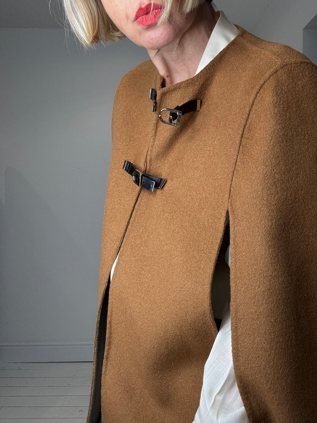 Double Faced Camel and Black Cape with Gold Buckle