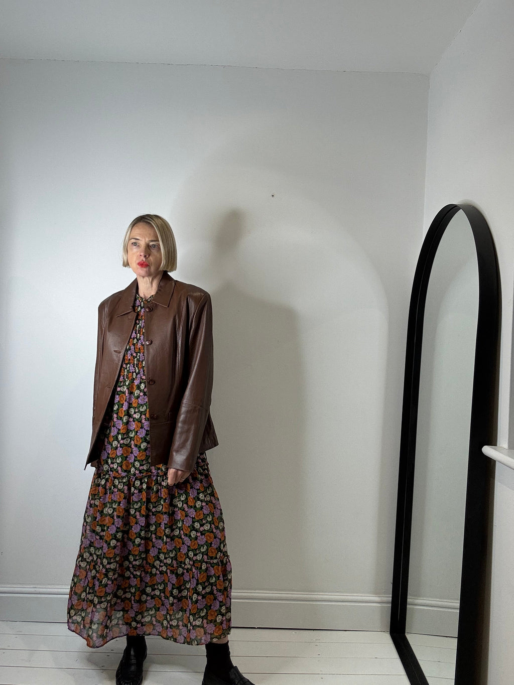 Floral Midi Dress with Shirred Bodice and Frill Collar