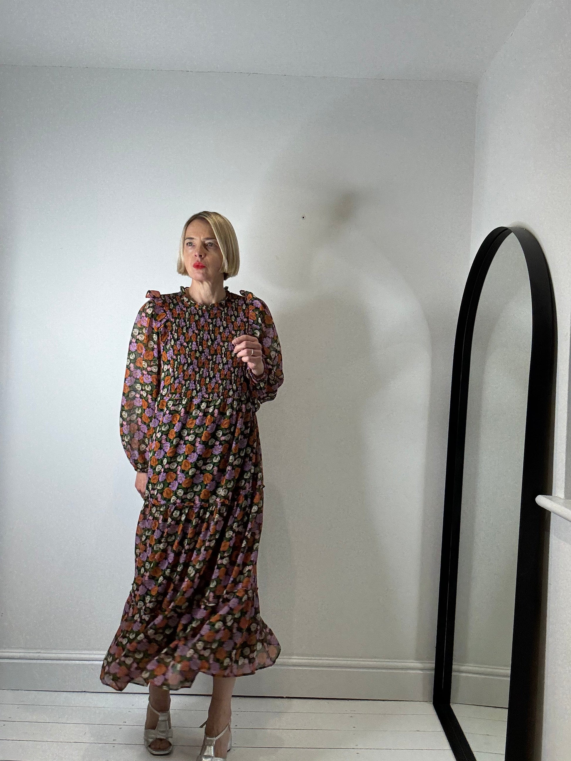 Floral Midi Dress with Shirred Bodice and Frill Collar