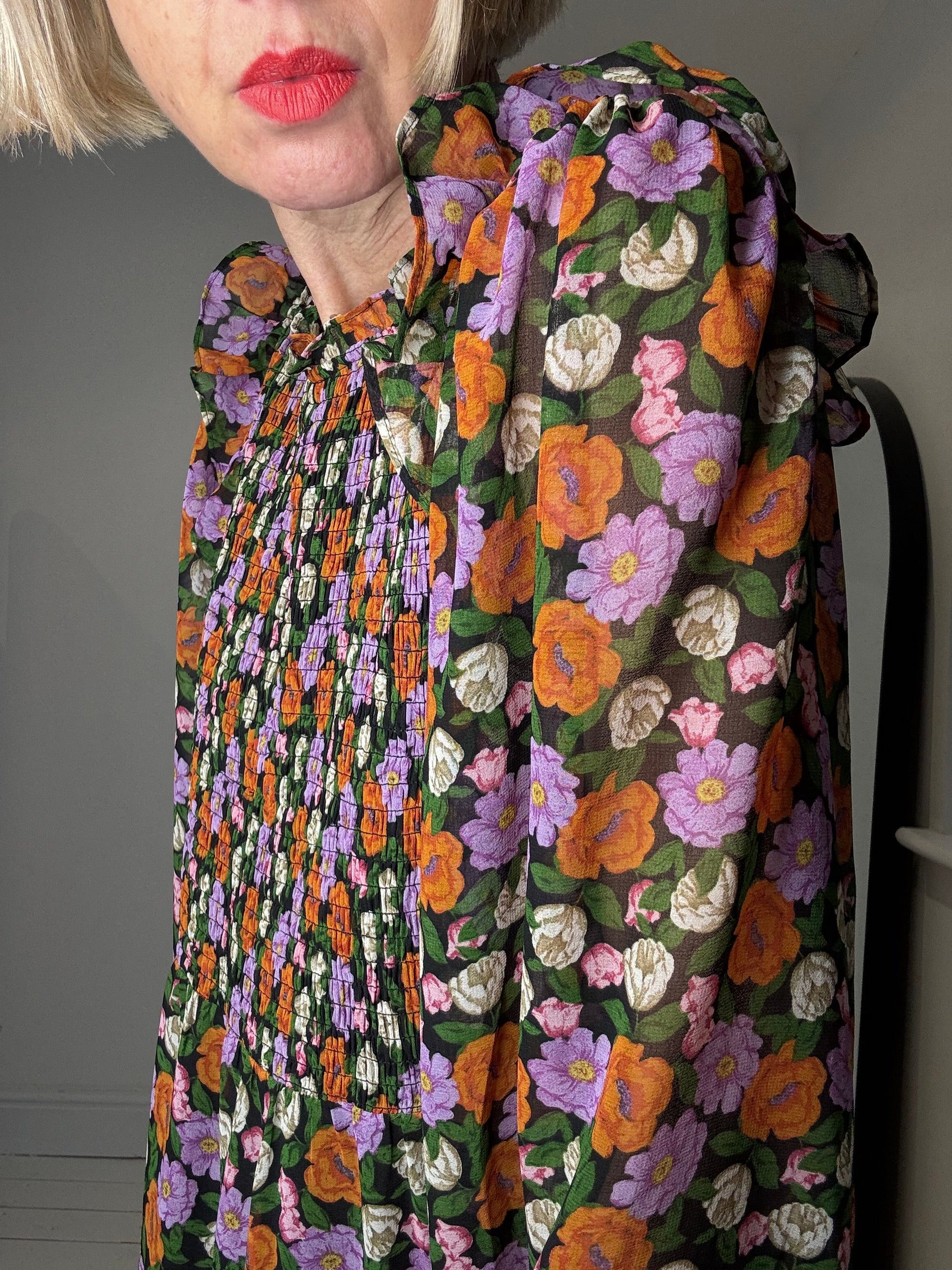 Floral Midi Dress with Shirred Bodice and Frill Collar