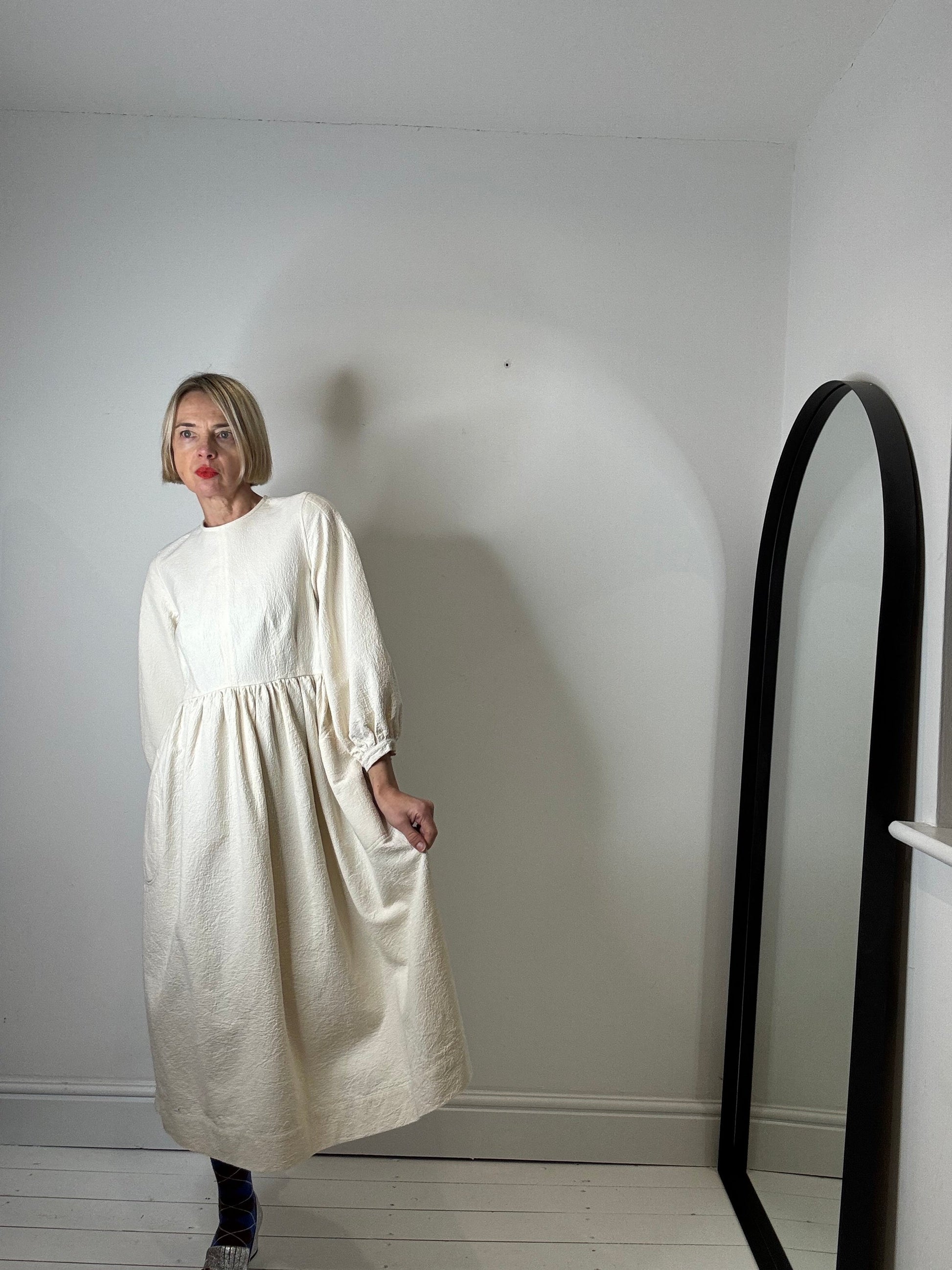 Rosalie Organic Cotton Jacquard Midi Dress in Cream