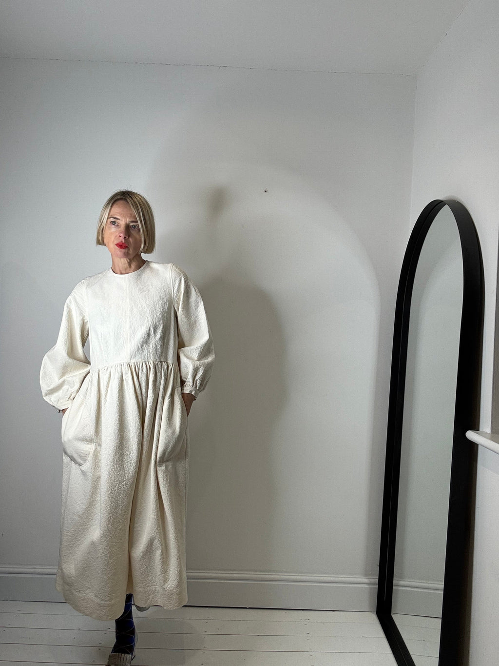 Rosalie Organic Cotton Jacquard Midi Dress in Cream