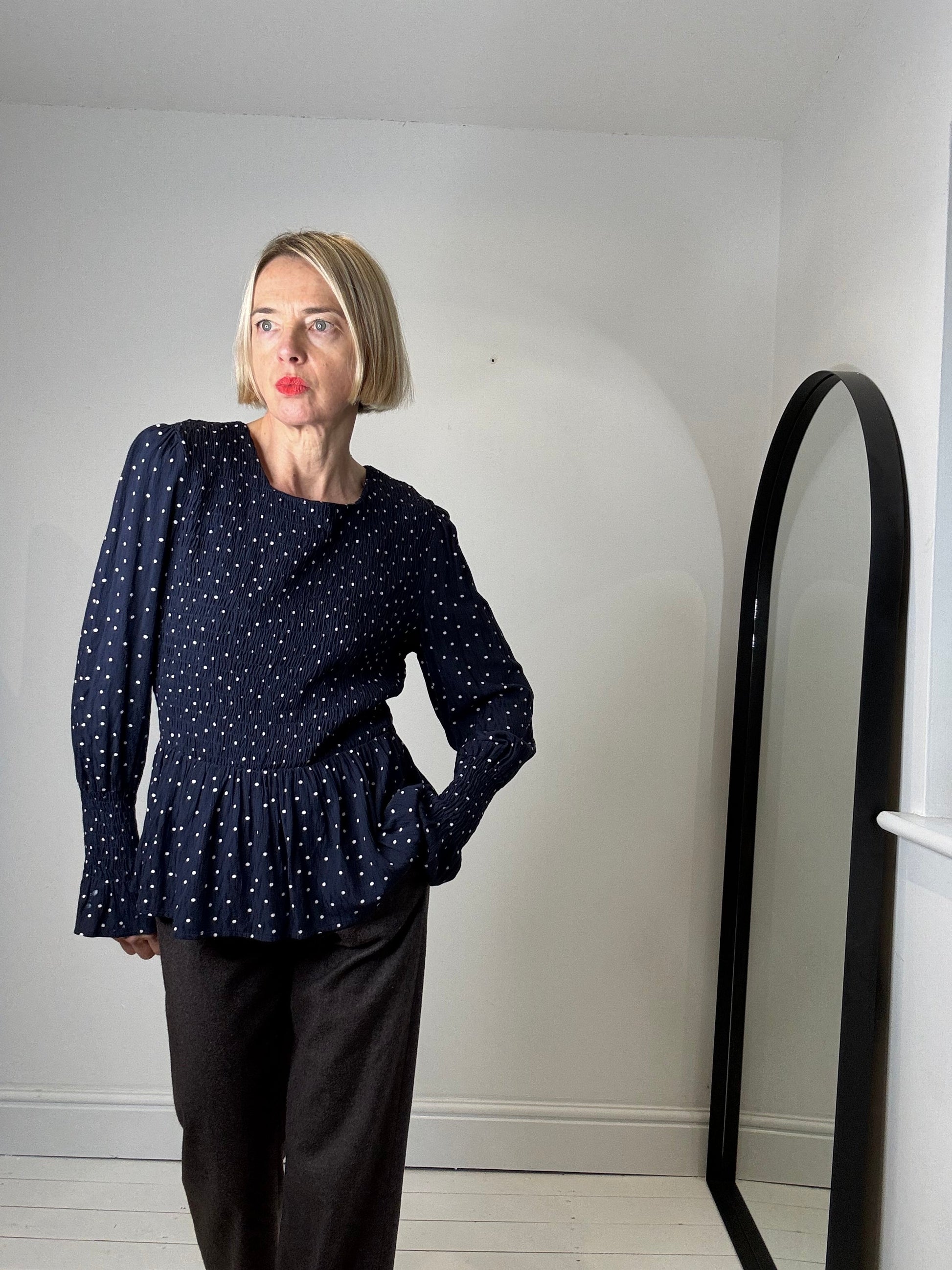 Navy Spot Print Long Sleeve Crepe Top