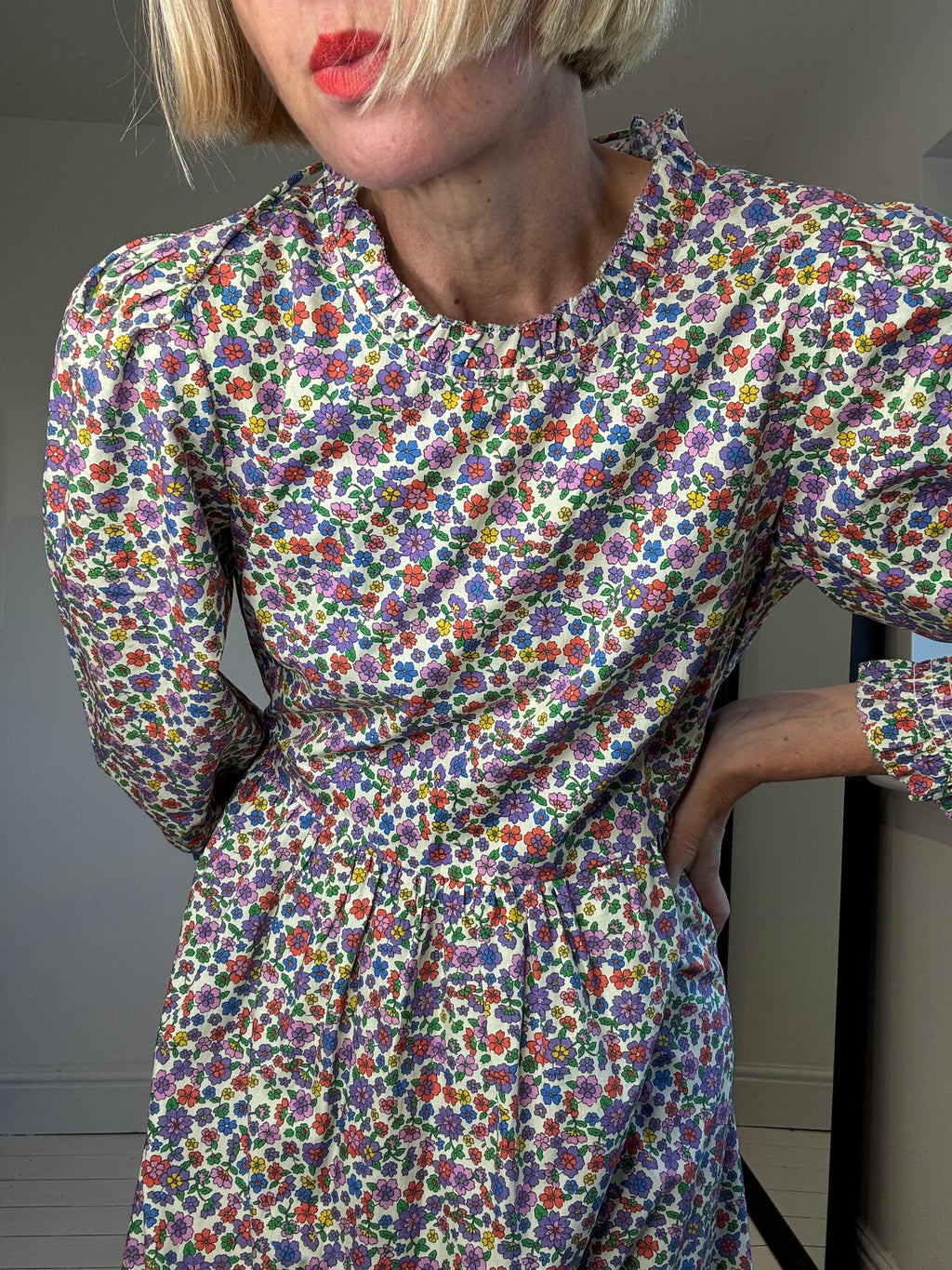 Cotton Printed Dress with Tie Waist and Peplum Hem