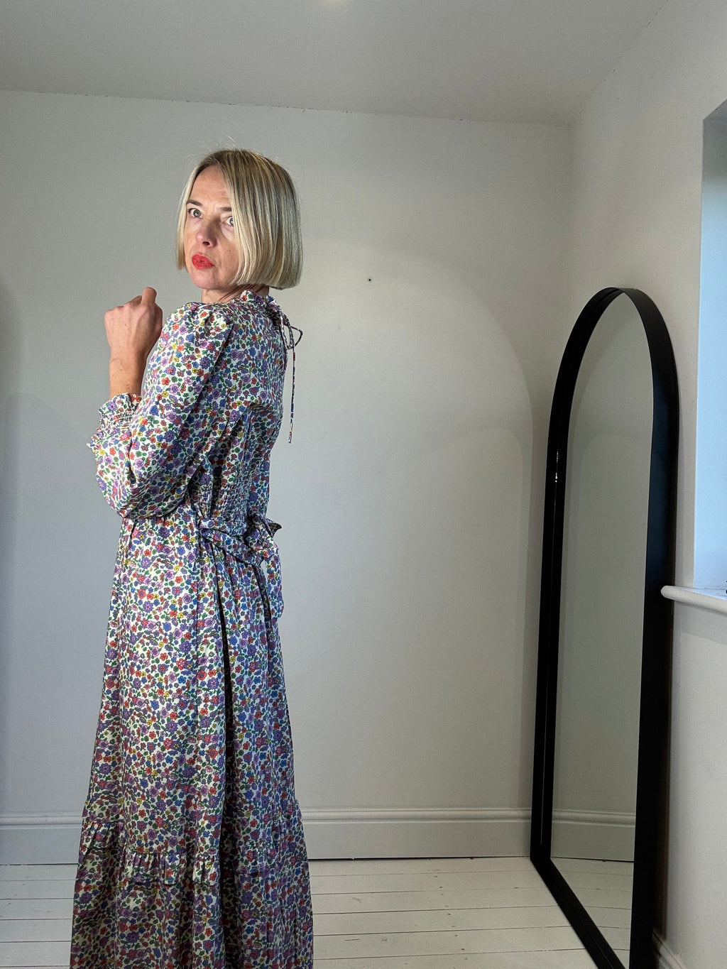 Cotton Printed Dress with Tie Waist and Peplum Hem