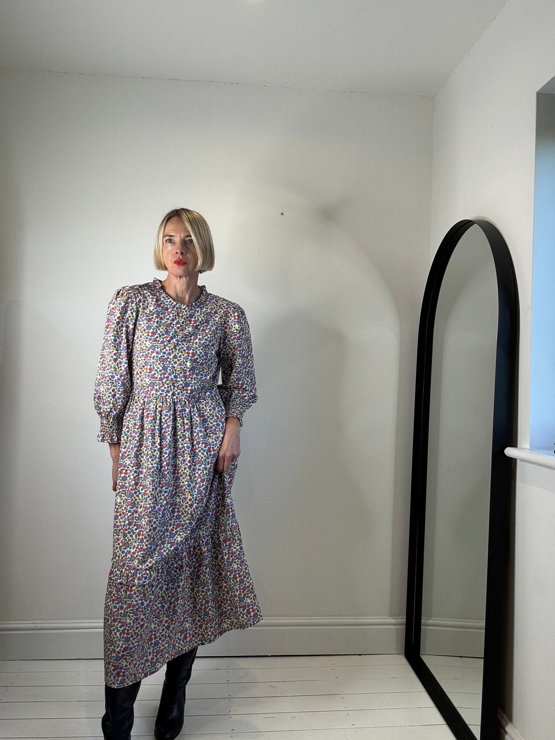 Cotton Printed Dress with Tie Waist and Peplum Hem