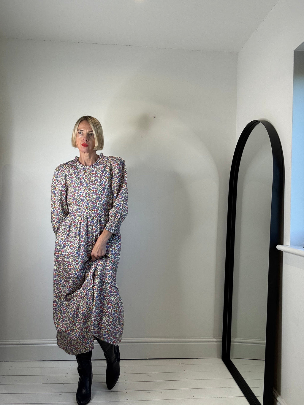 Cotton Printed Dress with Tie Waist and Peplum Hem