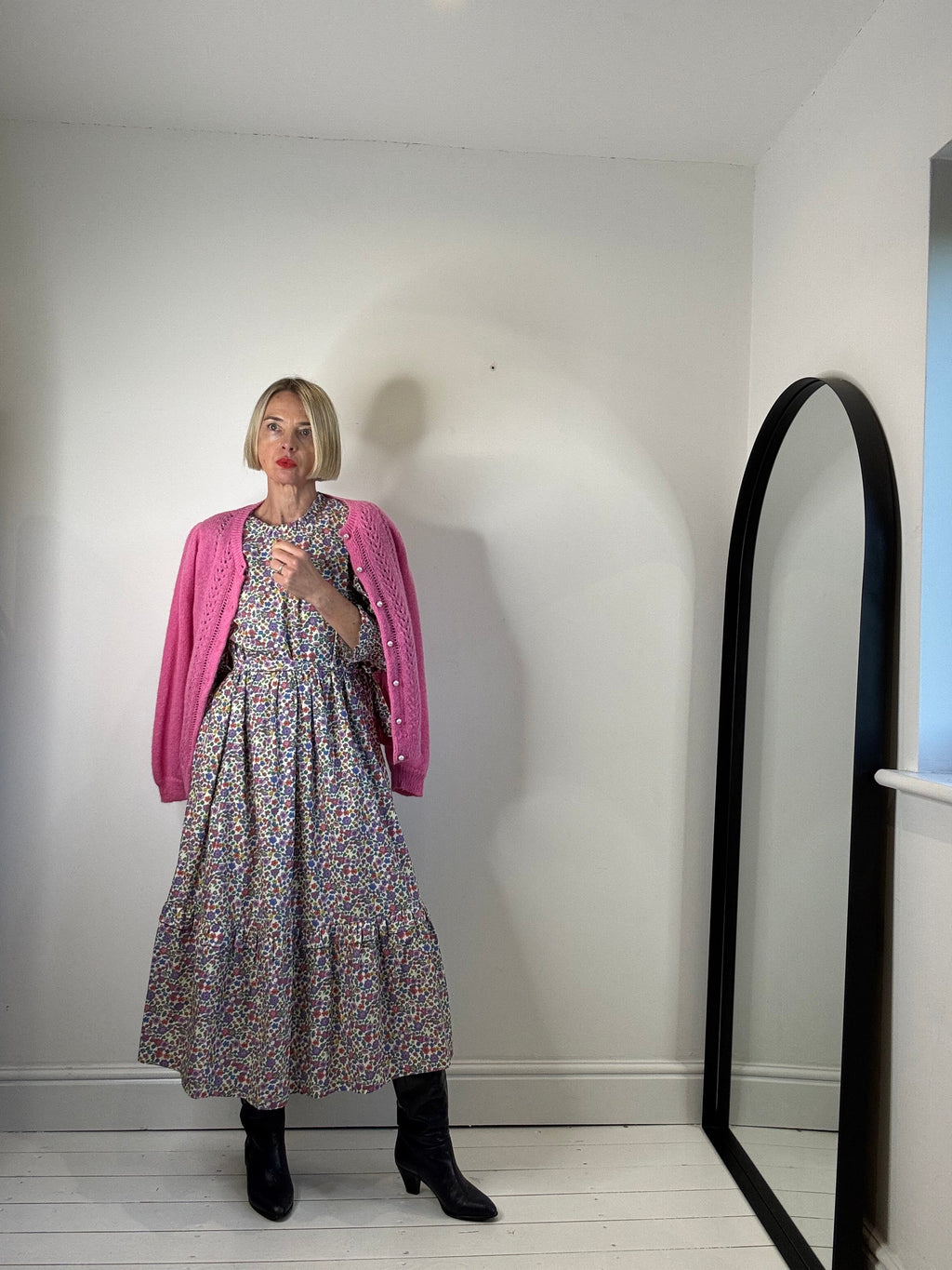 Cotton Printed Dress with Tie Waist and Peplum Hem