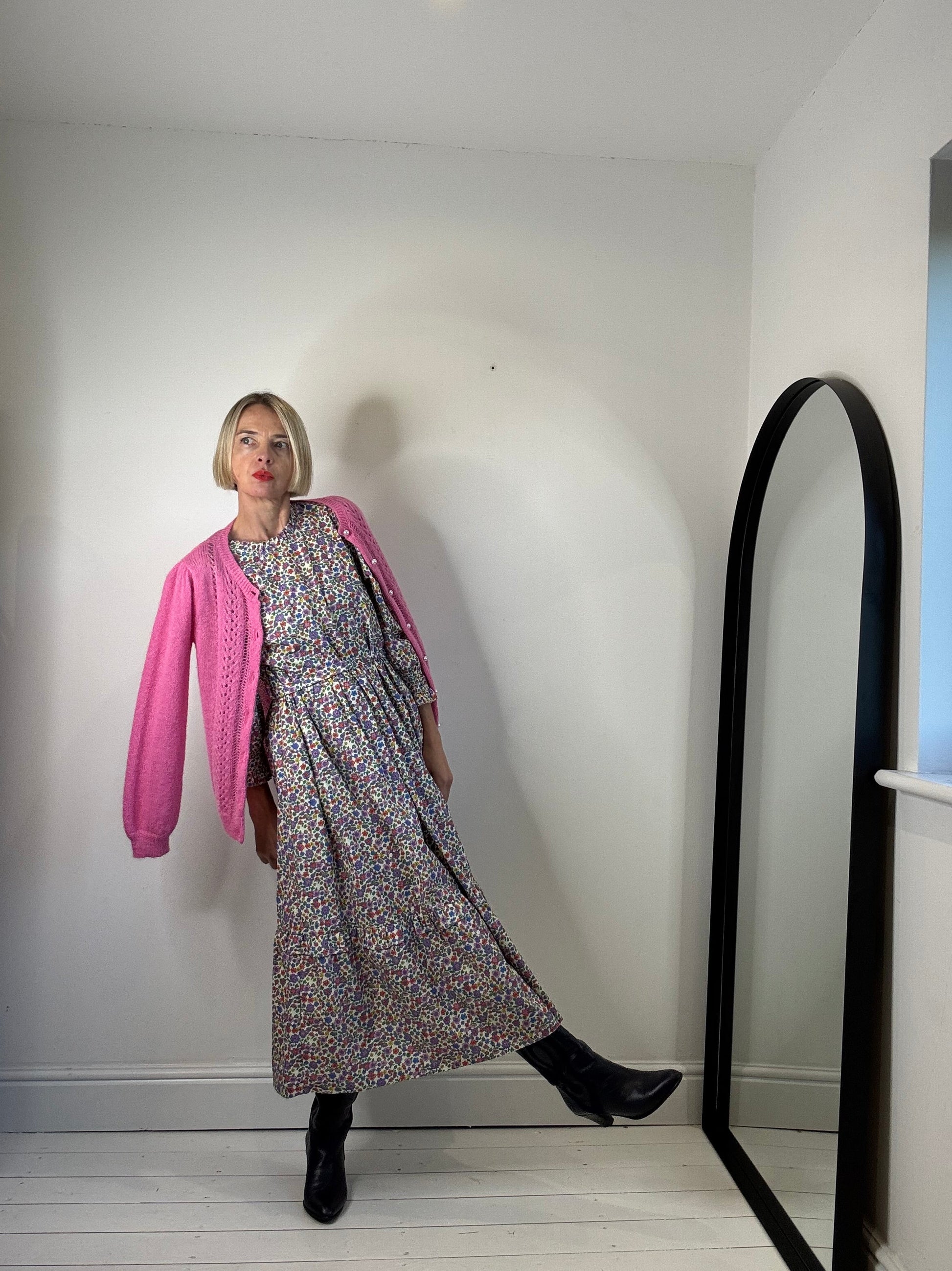 Cotton Printed Dress with Tie Waist and Peplum Hem