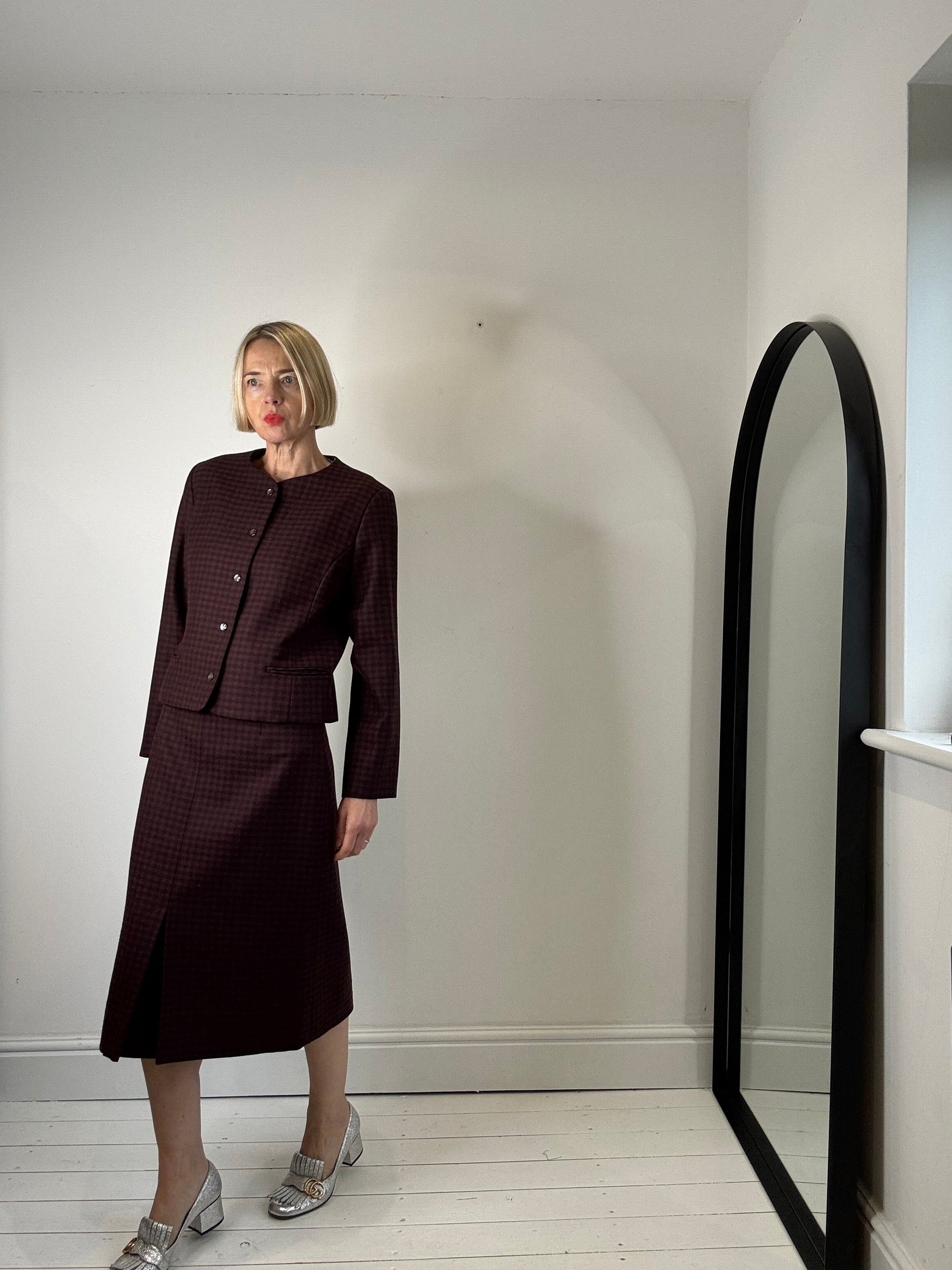 Wool Check Skirt with Box Pleat in Burgundy and Black