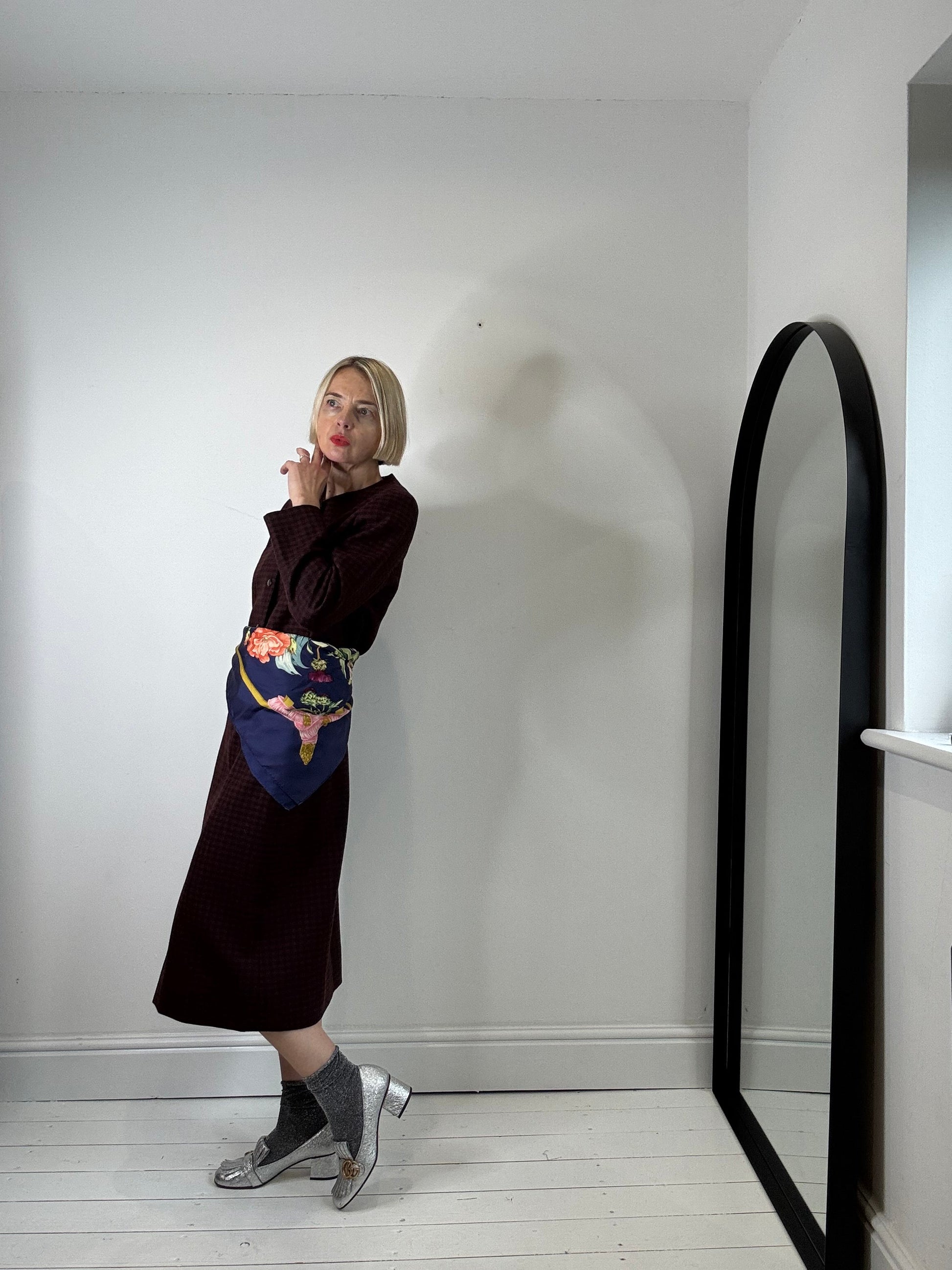 Wool Check Skirt with Box Pleat in Burgundy and Black