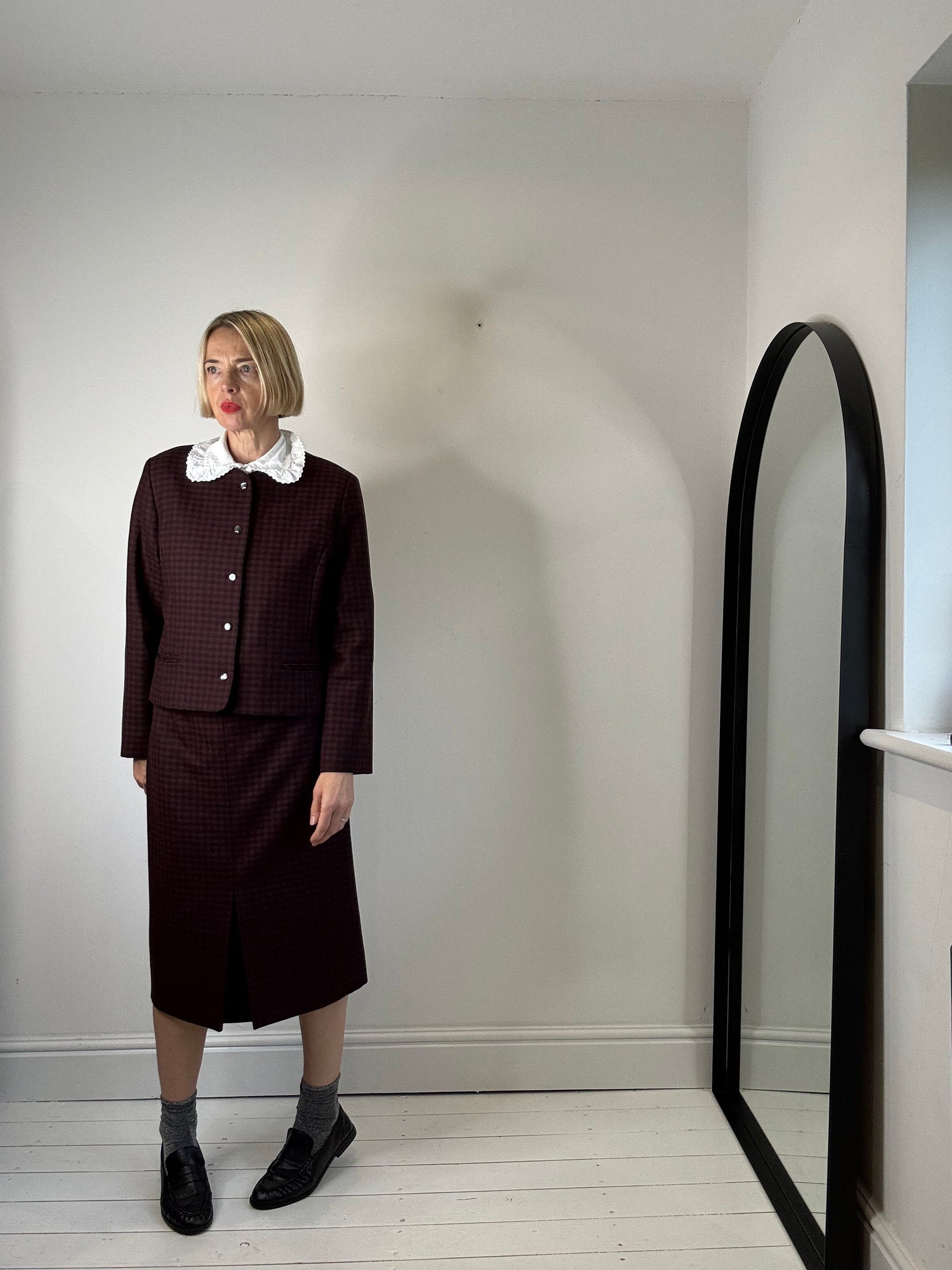 Wool Check Skirt with Box Pleat in Burgundy and Black