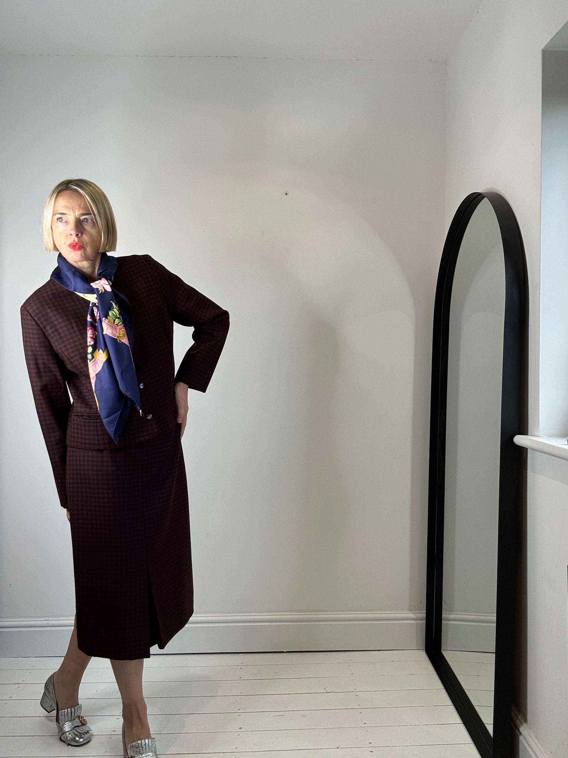 Wool Check Skirt with Box Pleat in Burgundy and Black