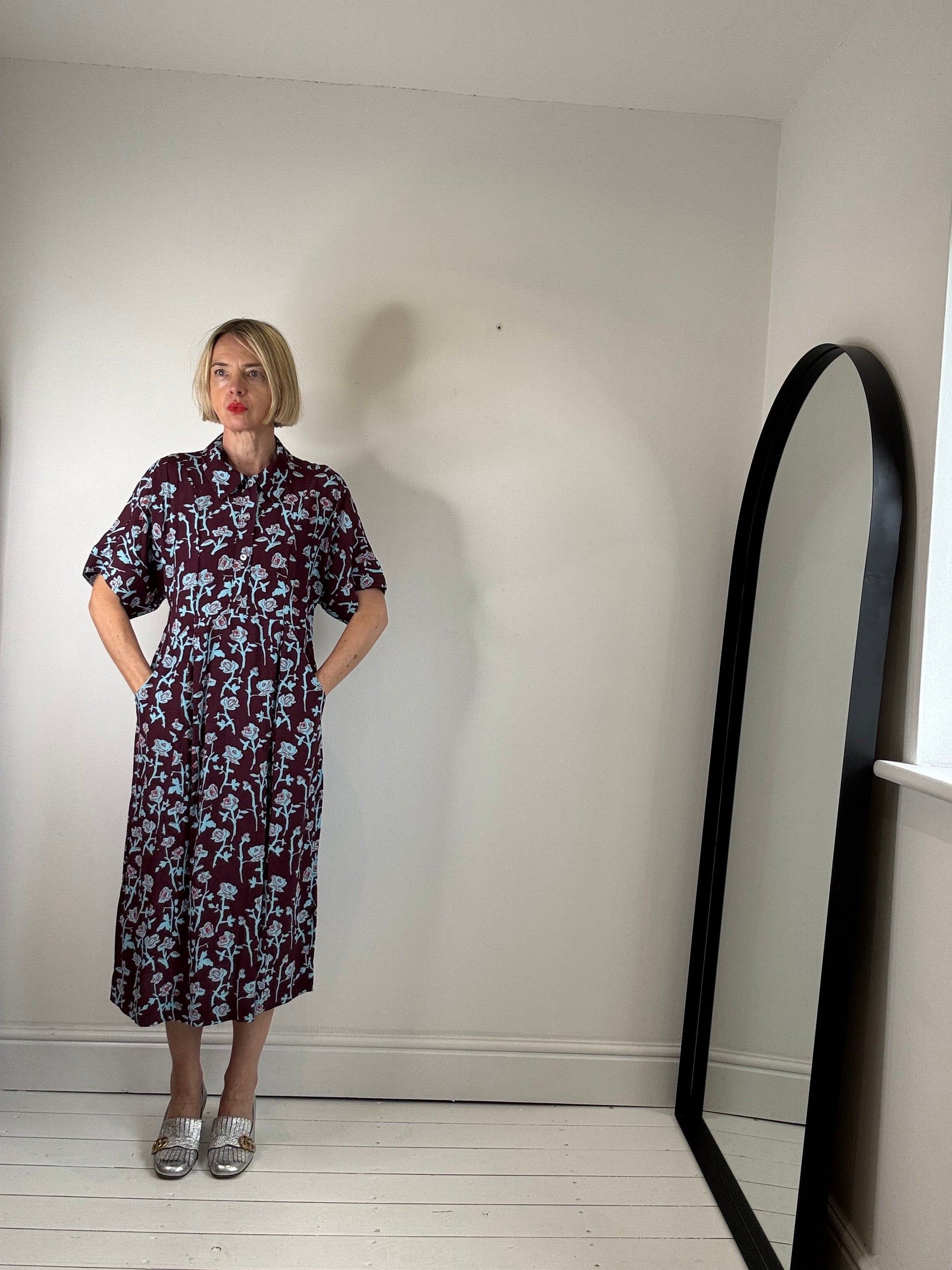 Crepe Dress in Burgundy with Blue and Red Rose Print