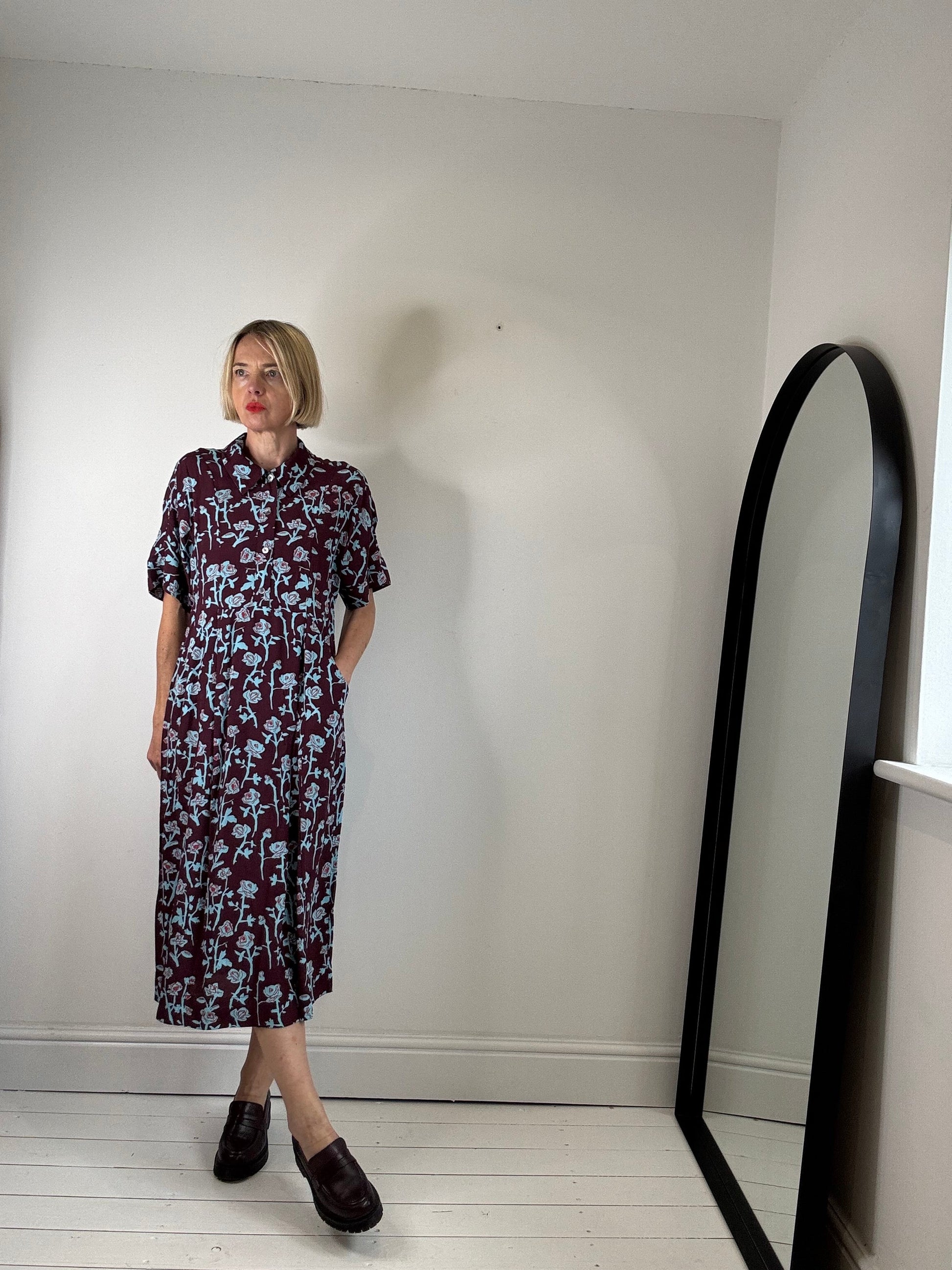 Crepe Dress in Burgundy with Blue and Red Rose Print