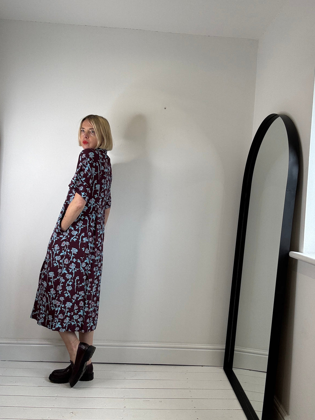 Crepe Dress in Burgundy with Blue and Red Rose Print