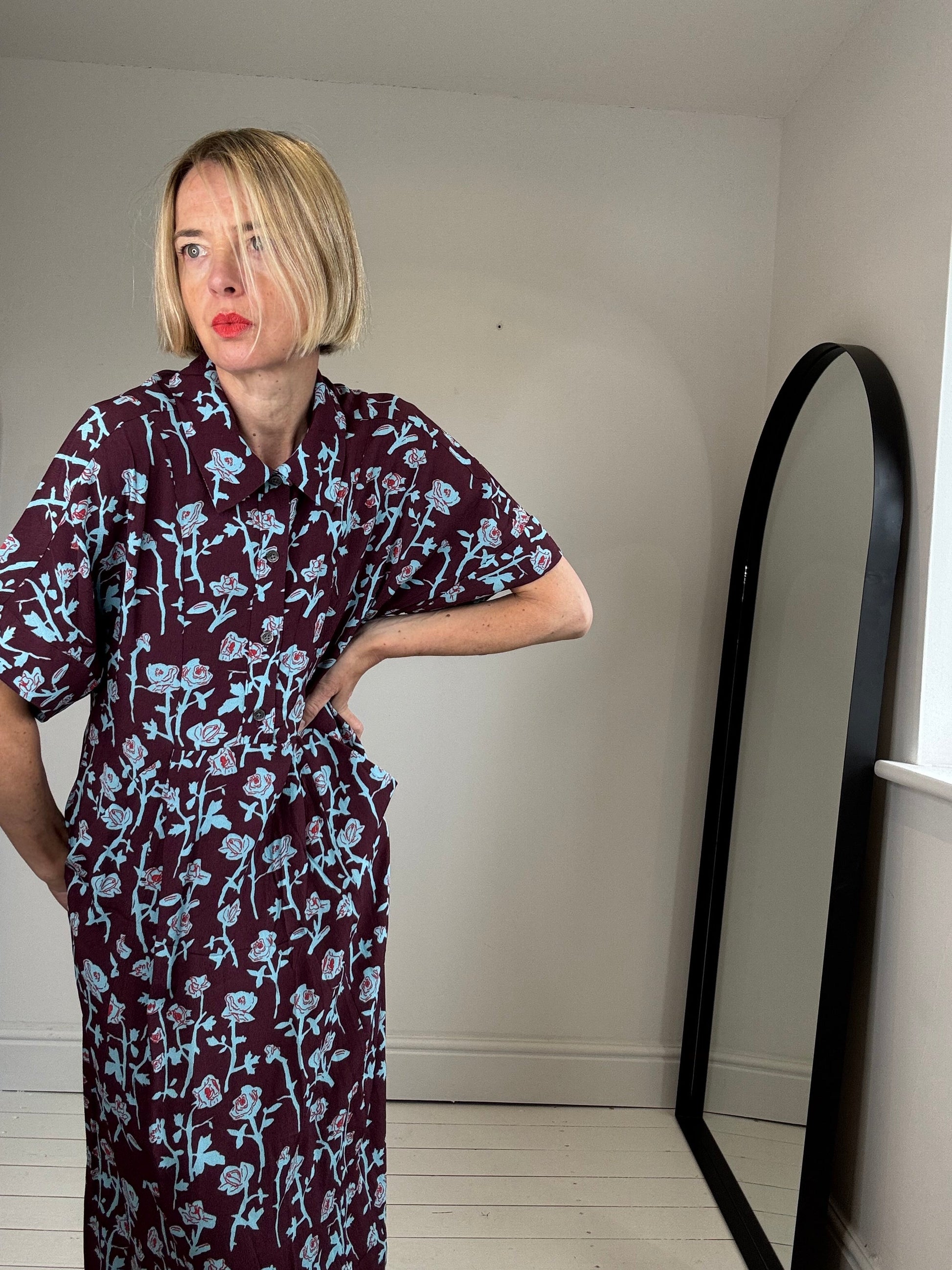 Crepe Dress in Burgundy with Blue and Red Rose Print