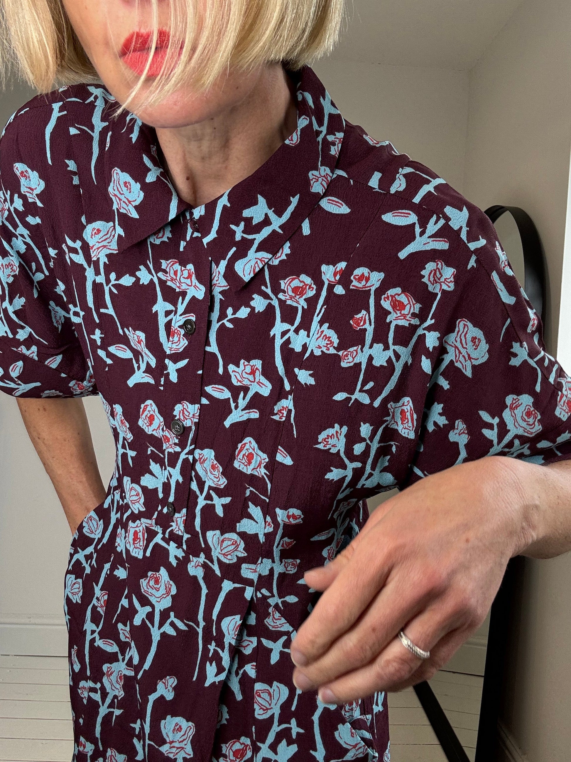 Crepe Dress in Burgundy with Blue and Red Rose Print