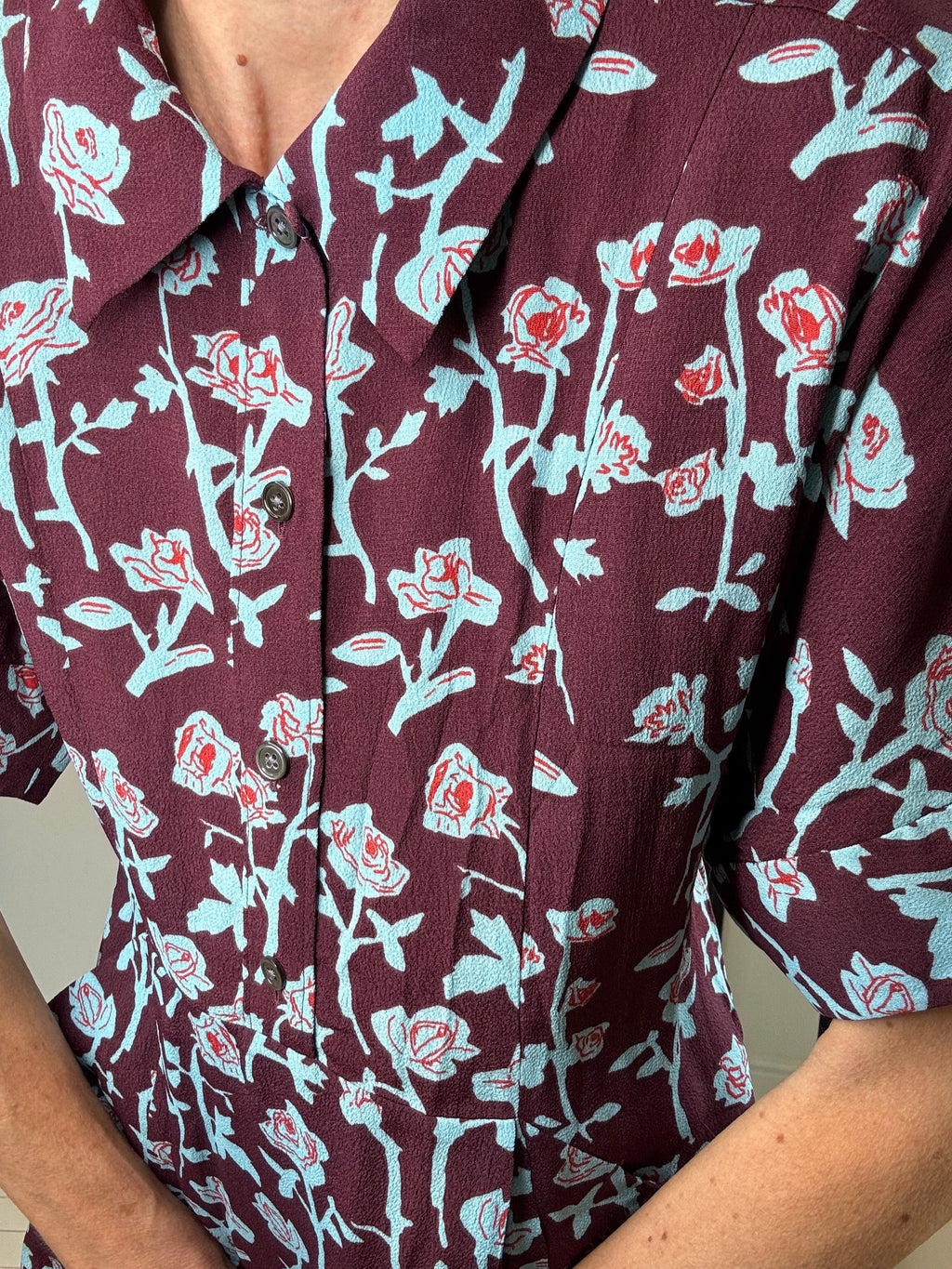 Crepe Dress in Burgundy with Blue and Red Rose Print
