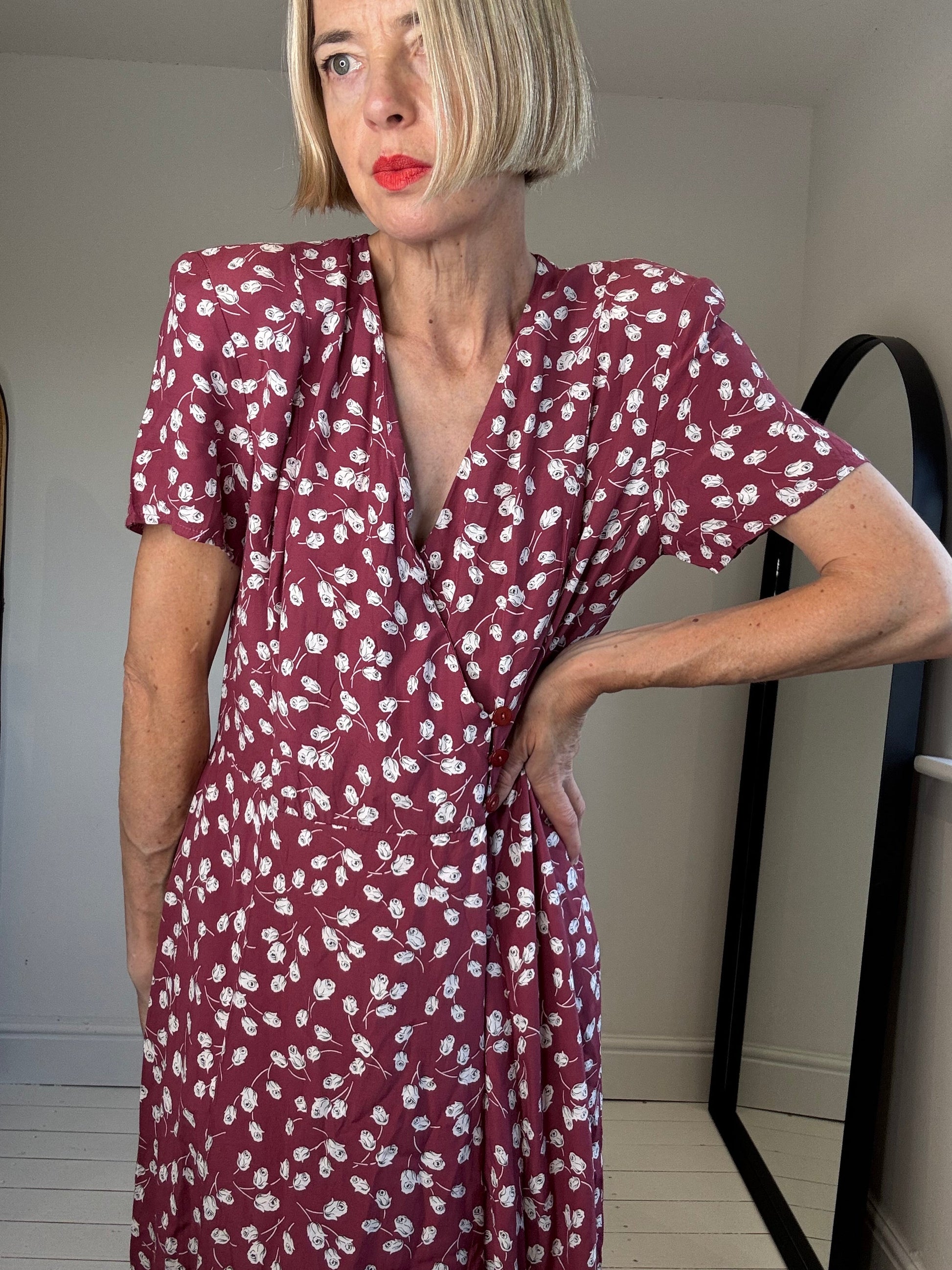 Vintage Plum Print Wrap Dress