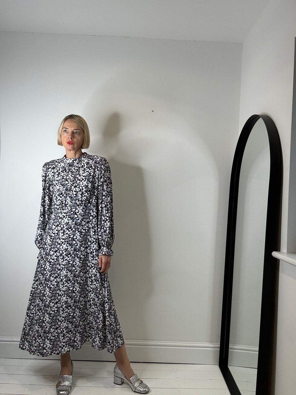 Mono Floral Print Midi Dress in Black and White