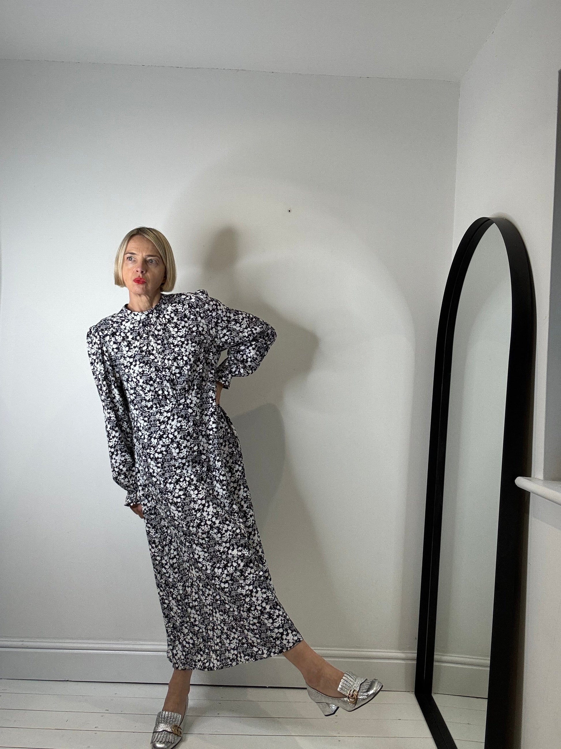 Mono Floral Print Midi Dress in Black and White