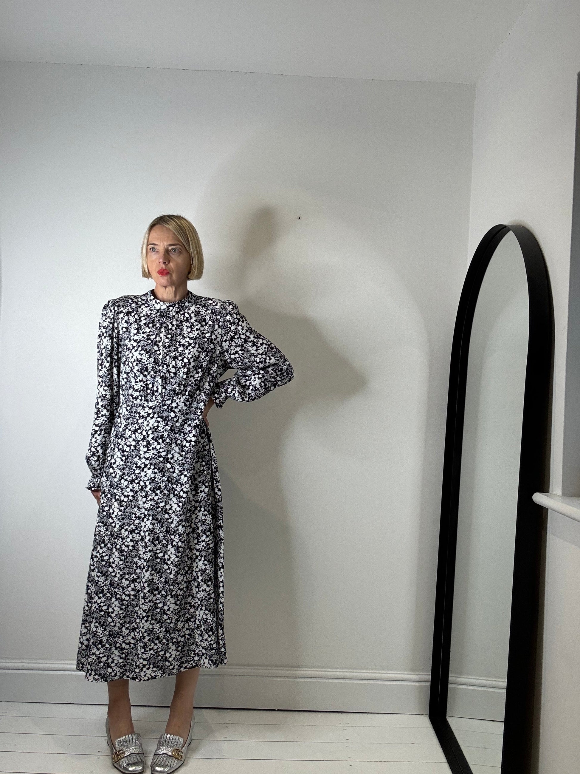 Mono Floral Print Midi Dress in Black and White