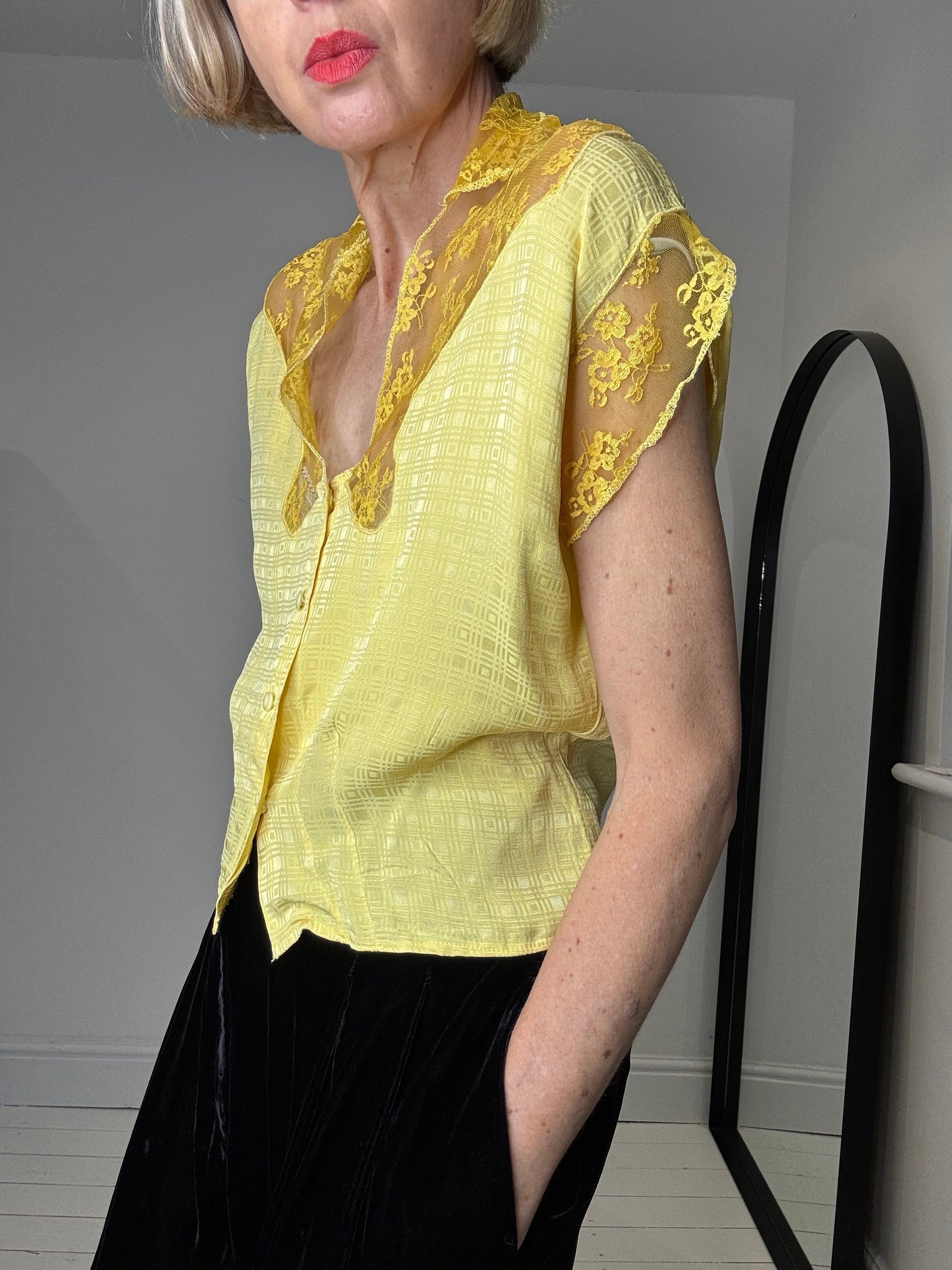 Vintage Jacquard Blouse with Lace Collar