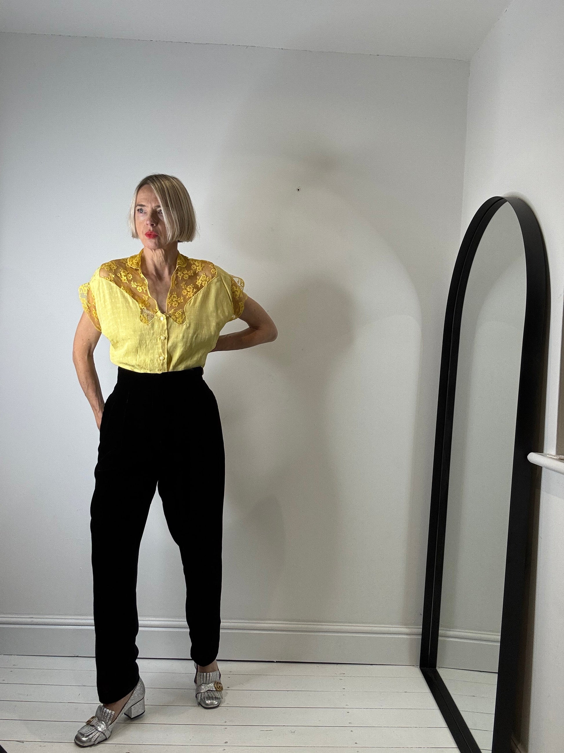 Vintage Jacquard Blouse with Lace Collar