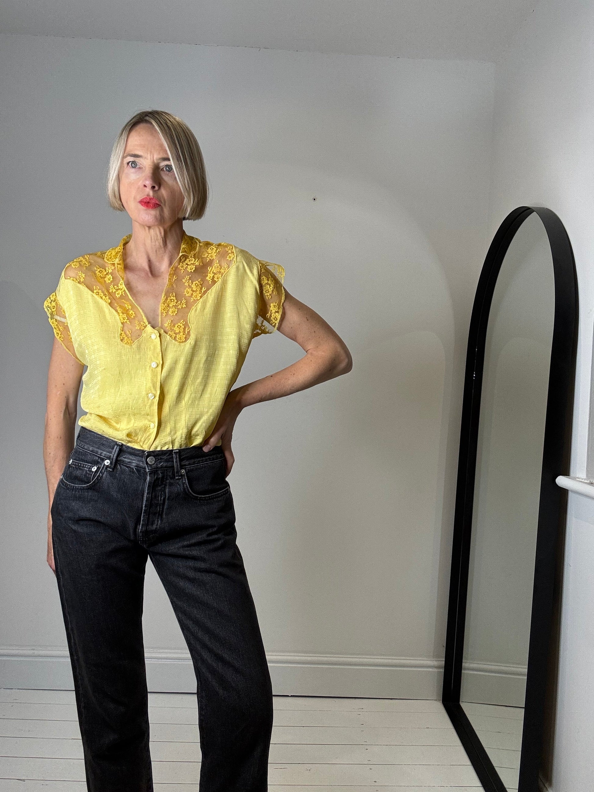 Vintage Jacquard Blouse with Lace Collar