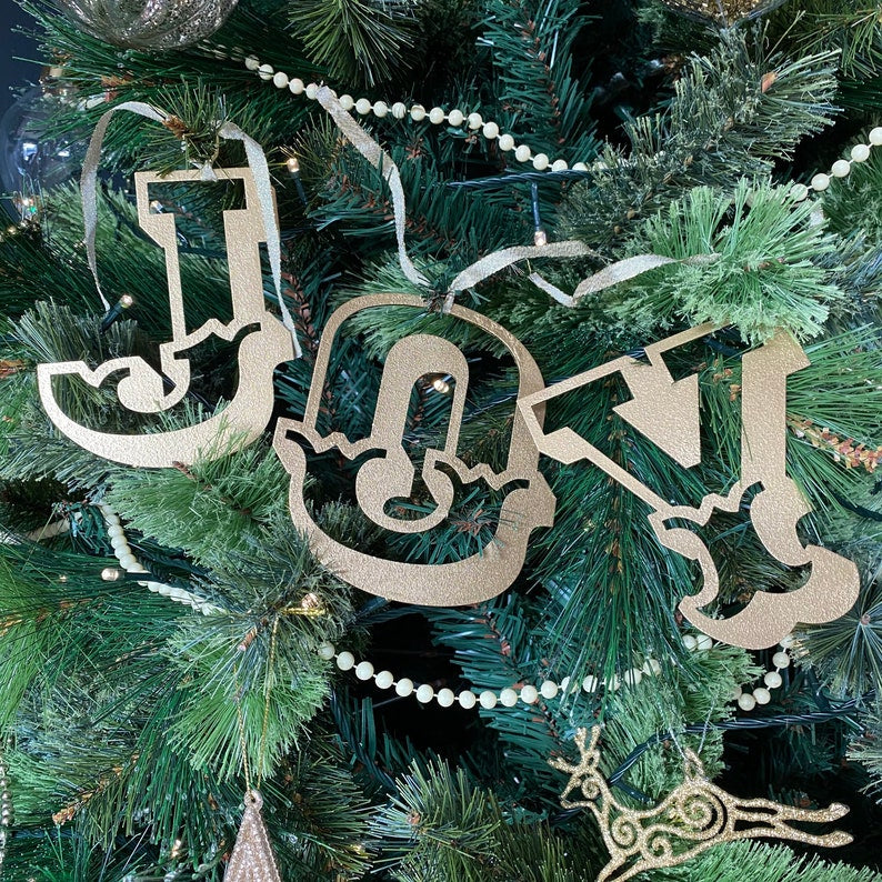 JOY Christmas Mantle Tree Decoration / Distressed Gold 5" Tall Carnival Metal Letters