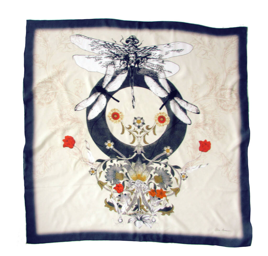 Navy Blue and Cream Dragonfly Silk Square Scarf